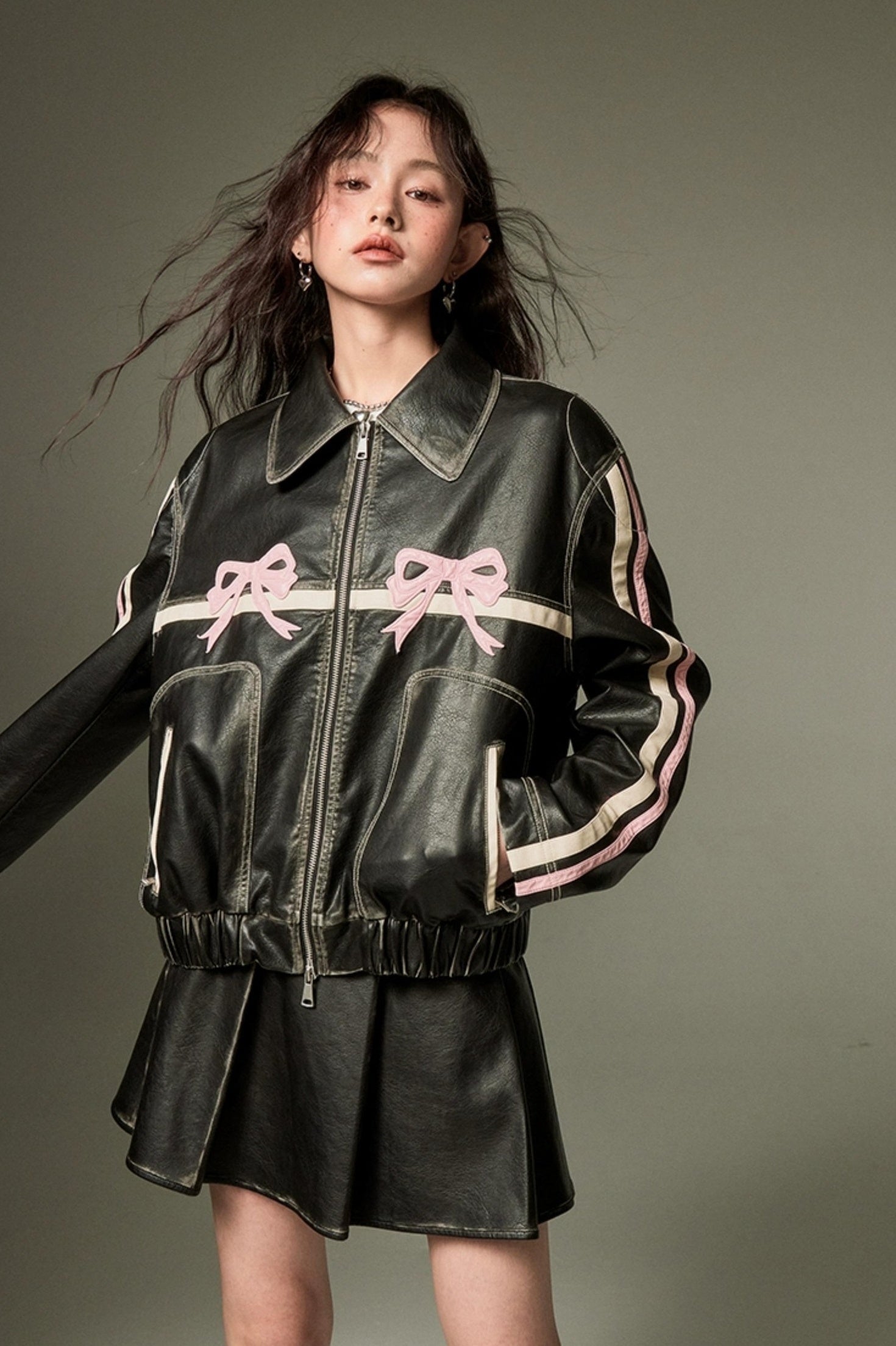 DIDDI MODA Sweet Crush Bow Vintage Pu Jacket