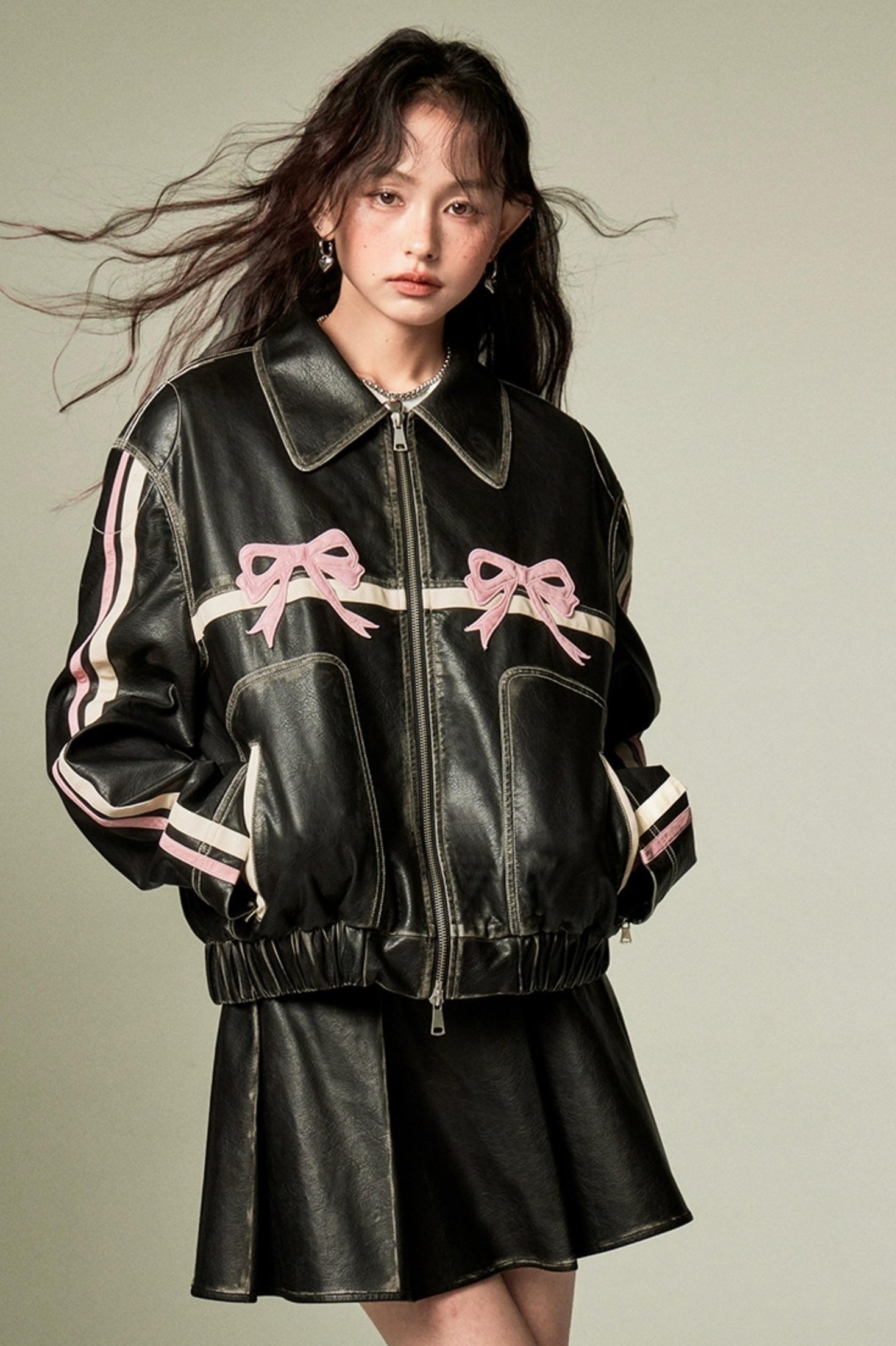 DIDDI MODA Sweet Crush Bow Vintage Pu Jacket