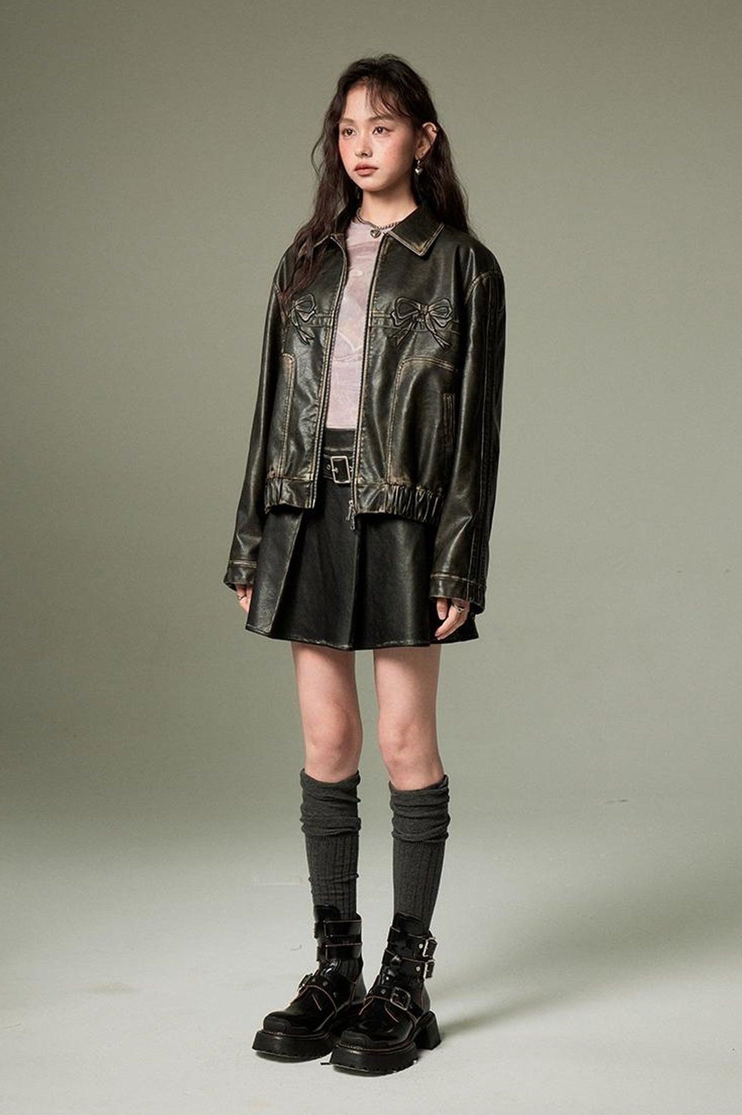 DIDDI MODA Sweet Crush Bow Vintage Pu Jacket