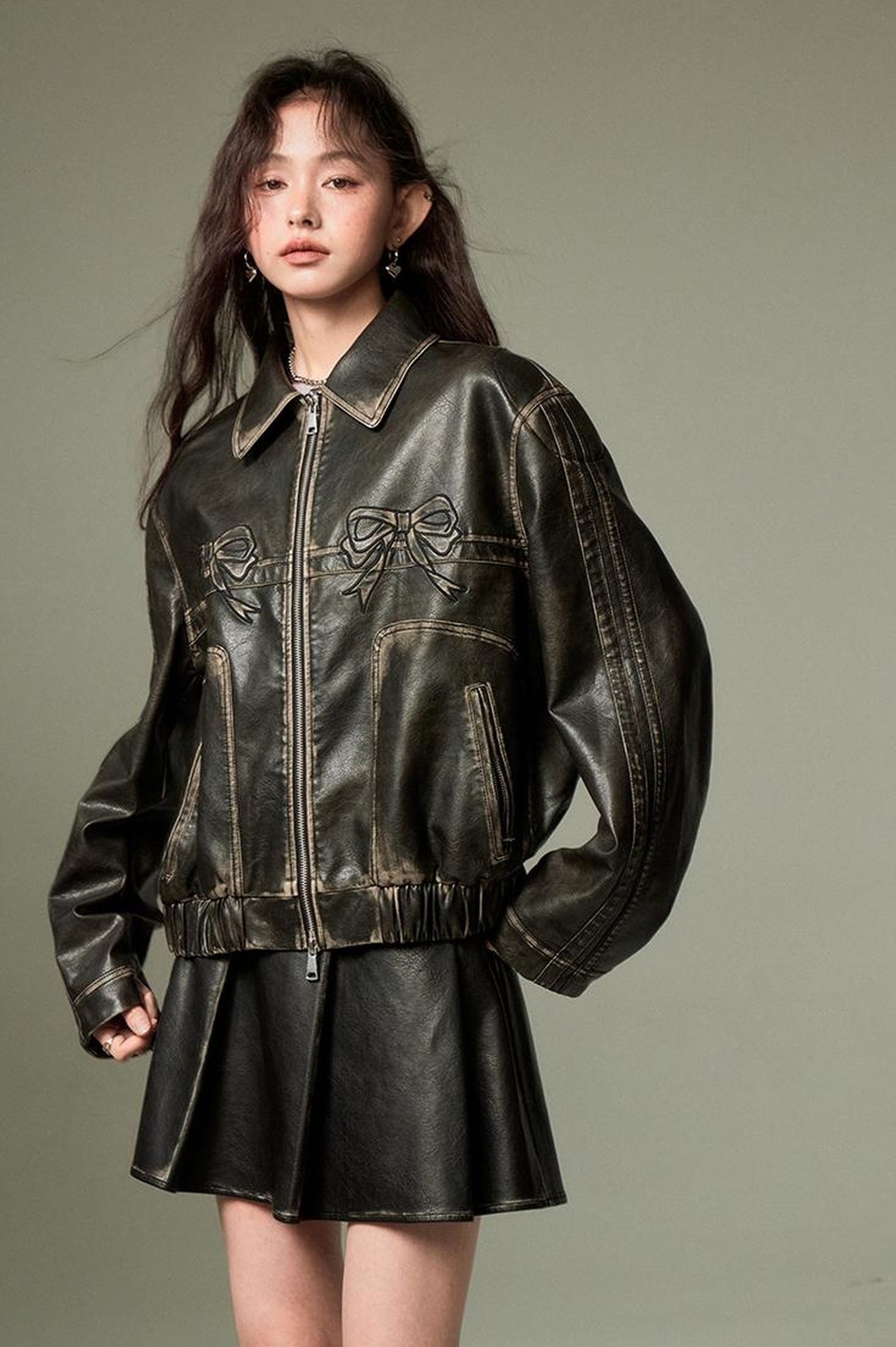 DIDDI MODA Sweet Crush Bow Vintage Pu Jacket