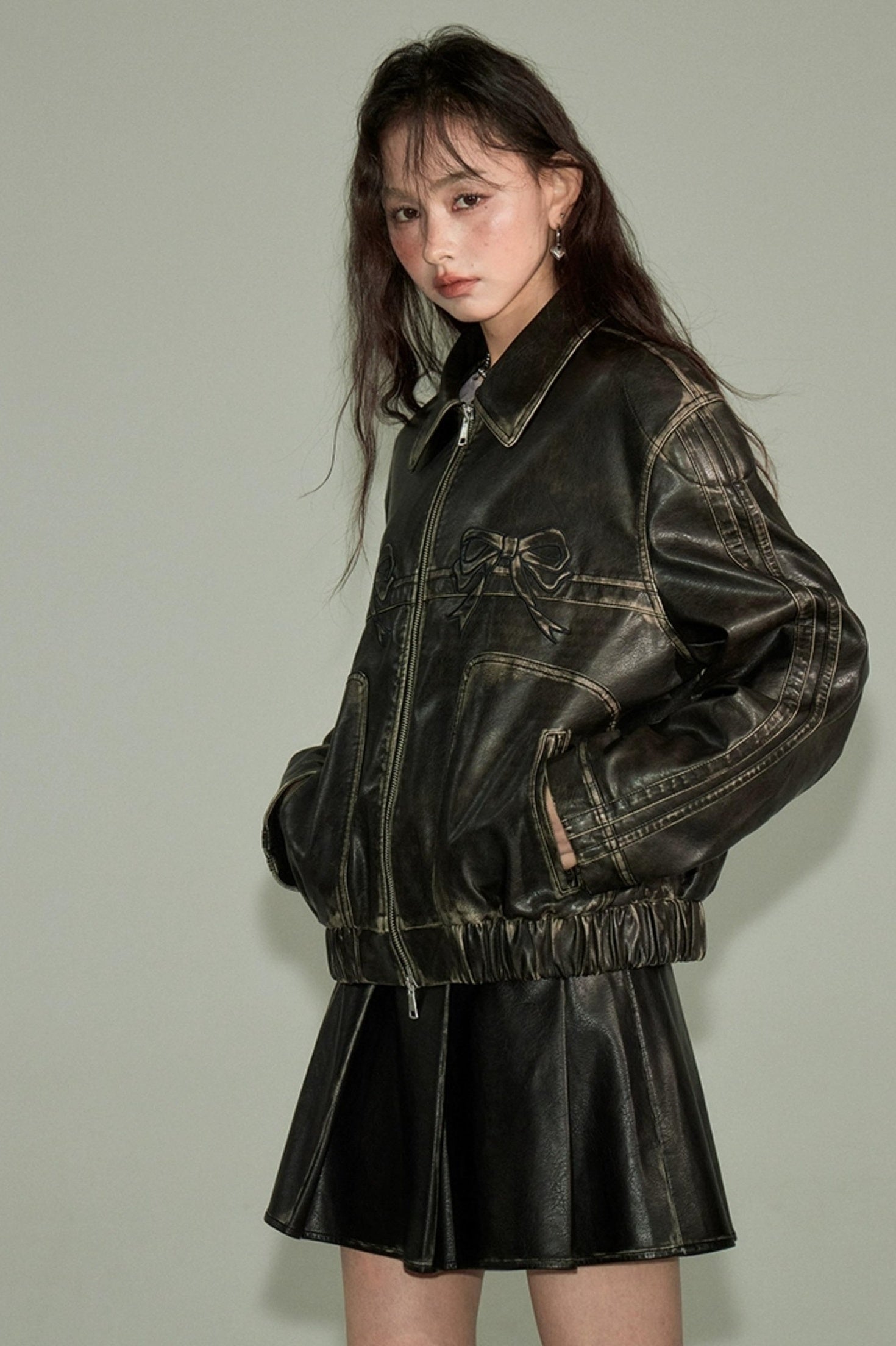DIDDI MODA Sweet Crush Bow Vintage Pu Jacket