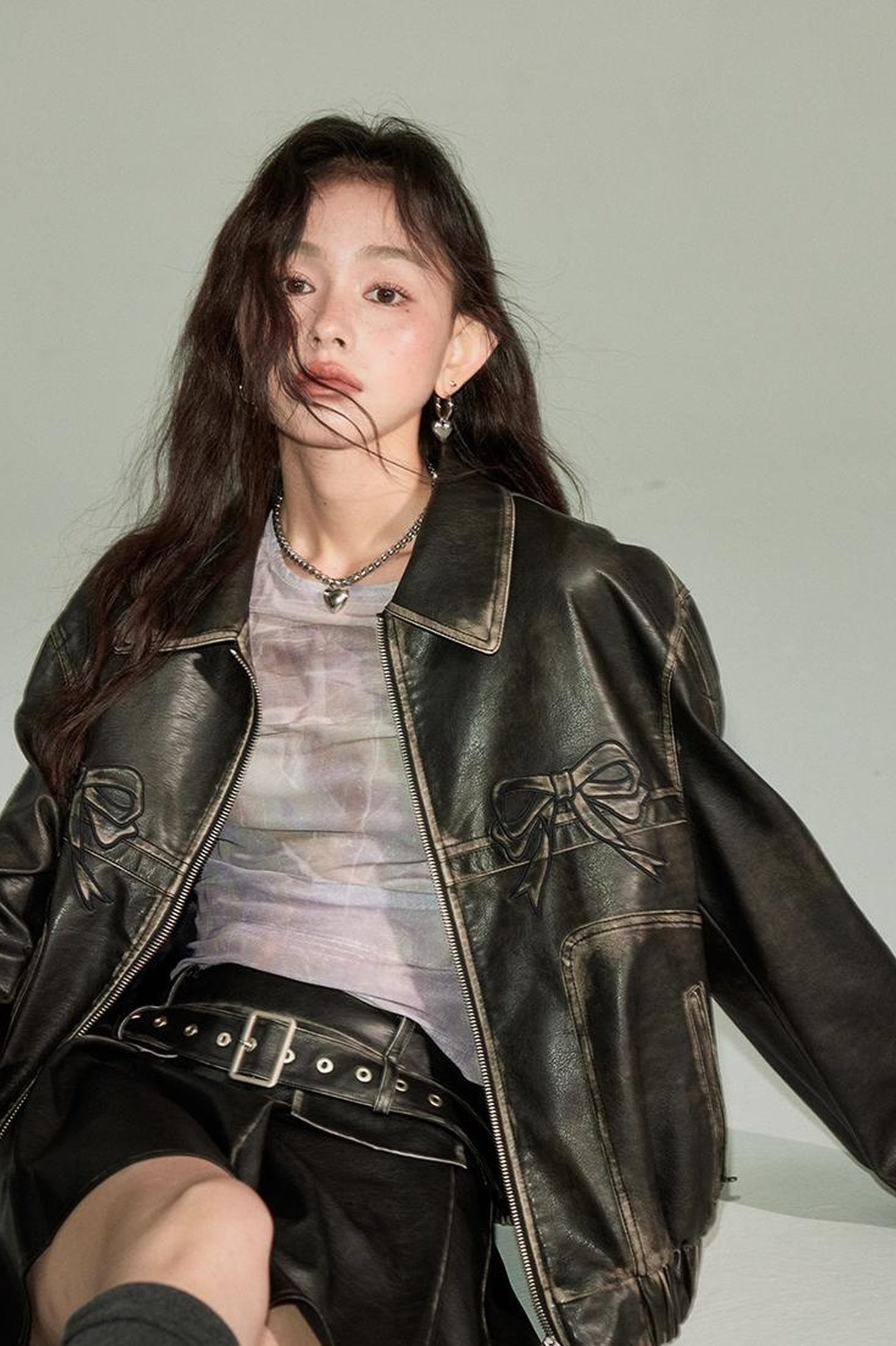 DIDDI MODA Sweet Crush Bow Vintage Pu Jacket