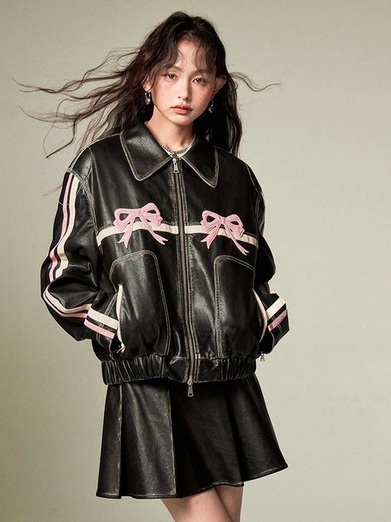 DIDDI MODA Sweet Crush Bow Vintage Pu Jacket
