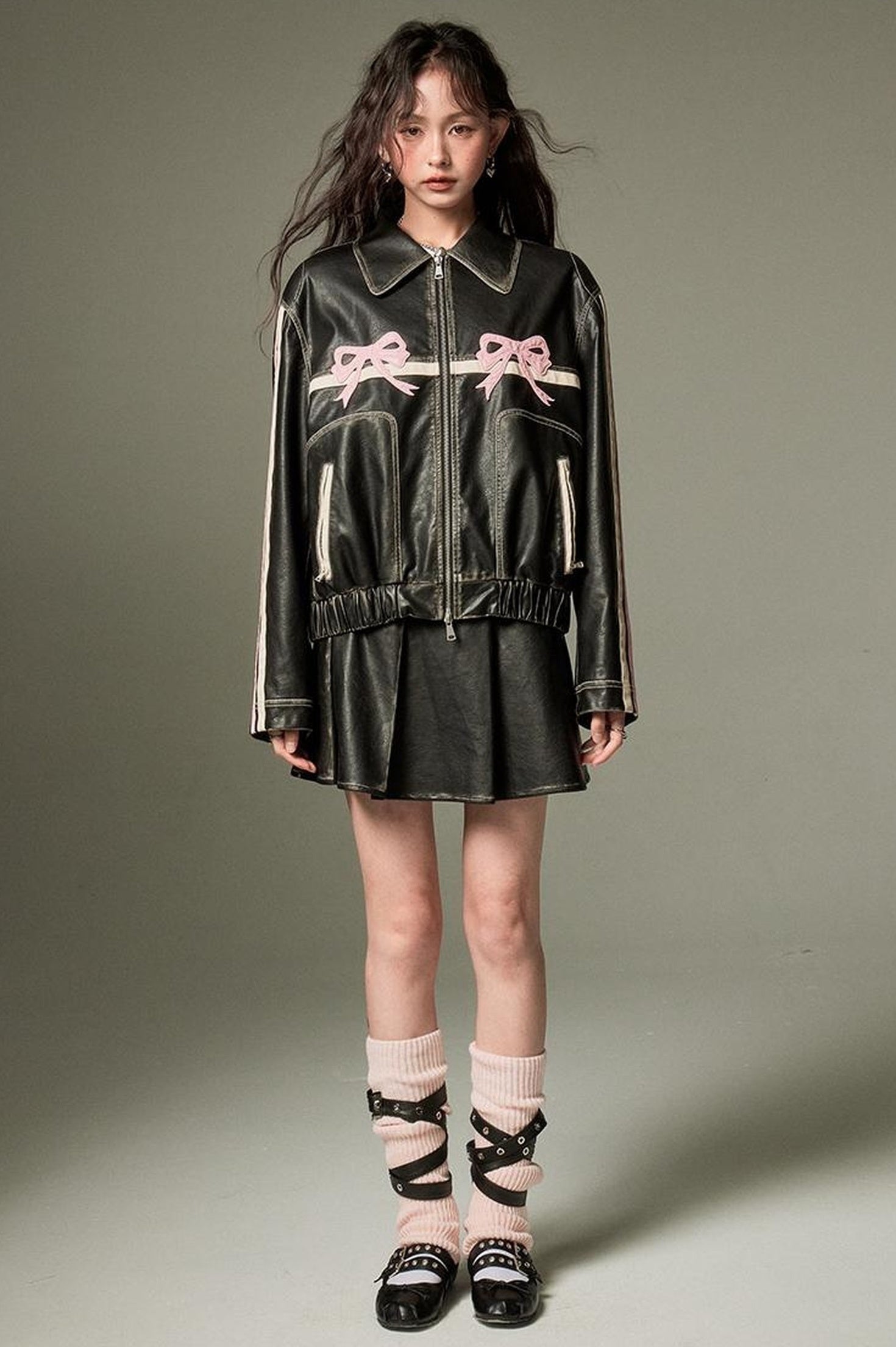 DIDDI MODA Sweet Crush Bow Vintage Pu Jacket