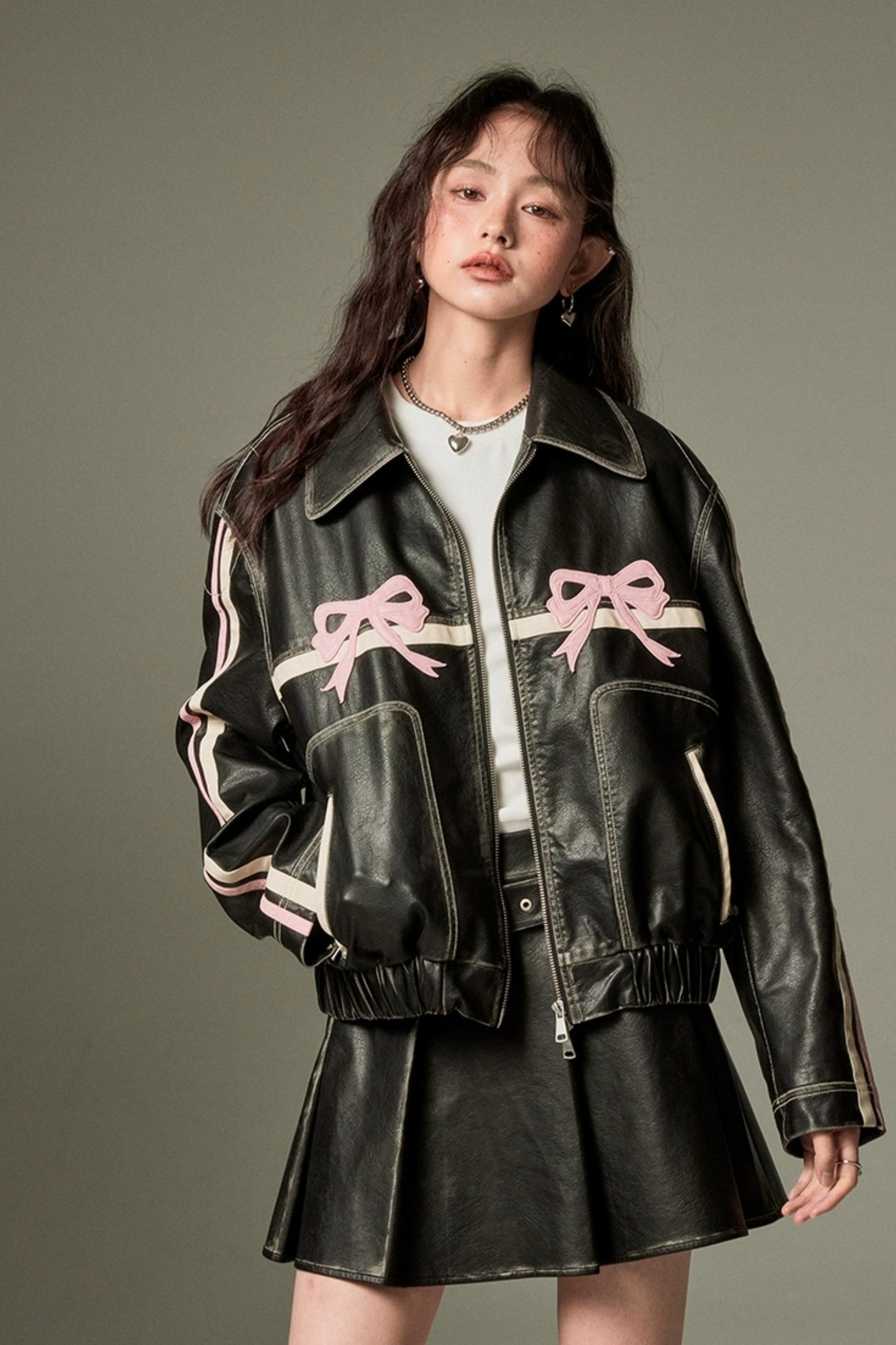 DIDDI MODA Sweet Crush Bow Vintage Pu Jacket