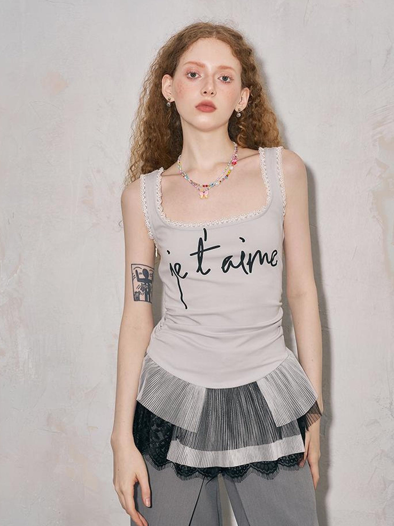 DIDDI MODA Sweet Edge Lace Trim Mesh Layered Crop Top