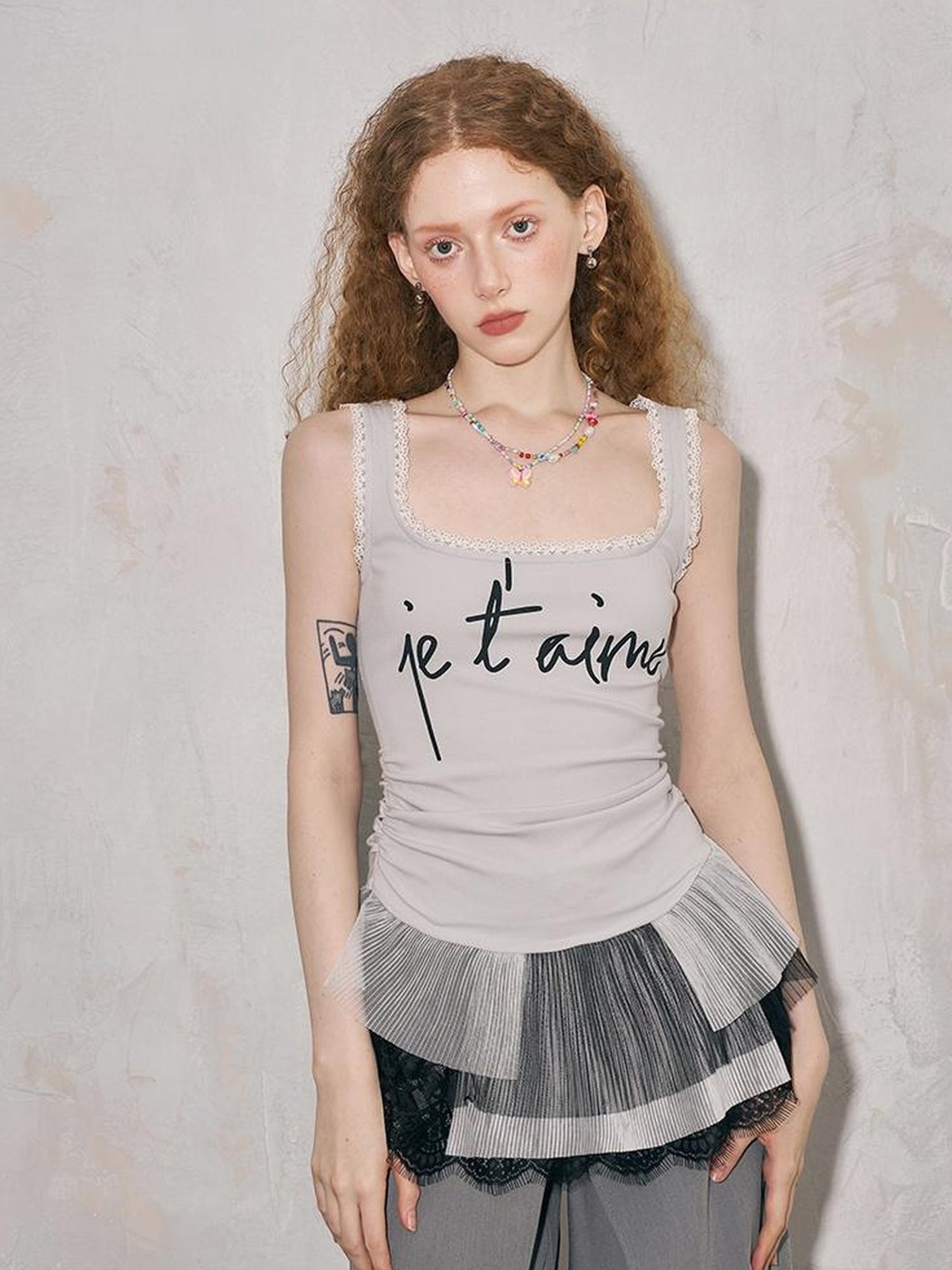 DIDDI MODA Sweet Edge Lace Trim Mesh Layered Crop Top