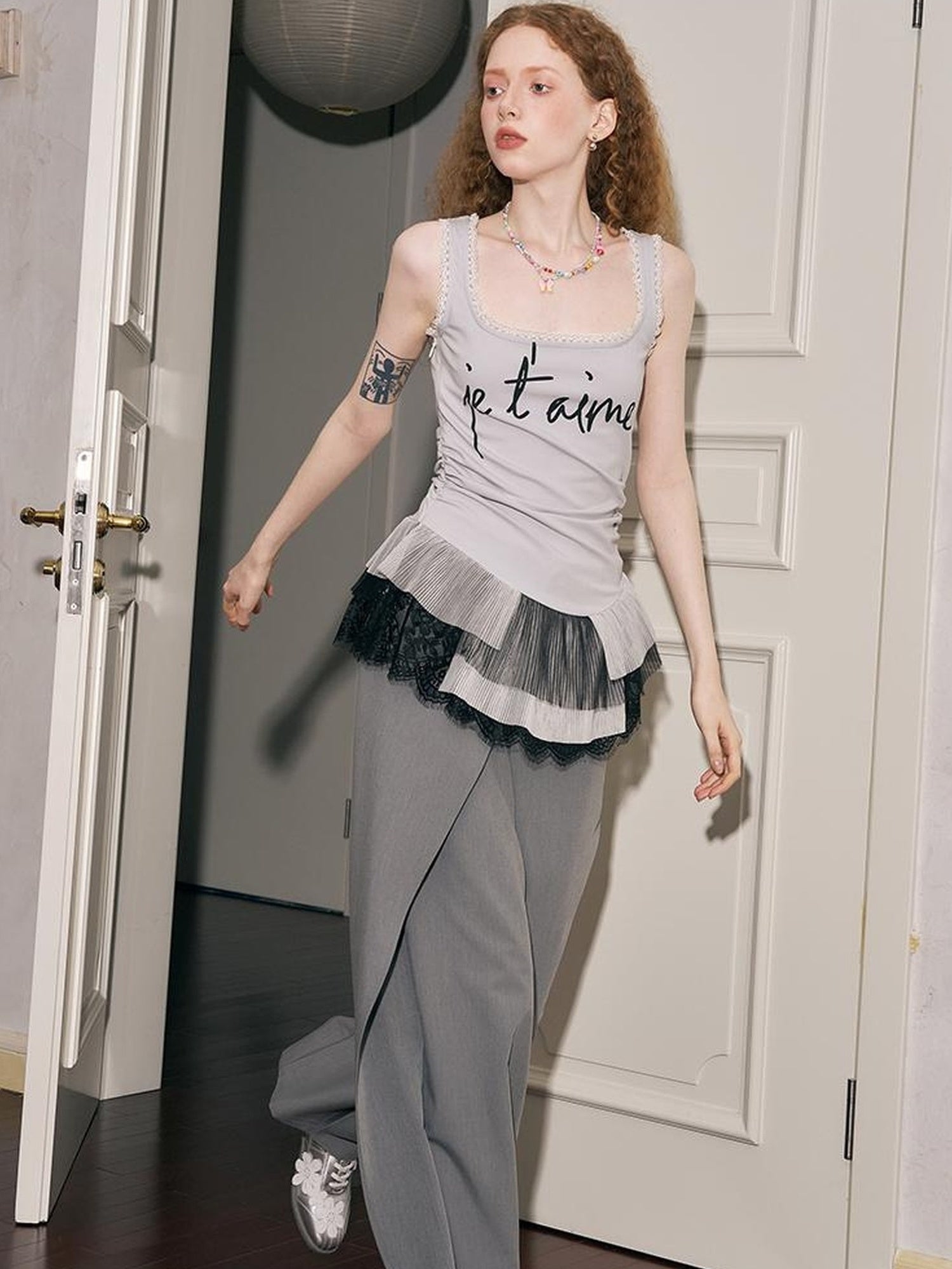 DIDDI MODA Sweet Edge Lace Trim Mesh Layered Crop Top