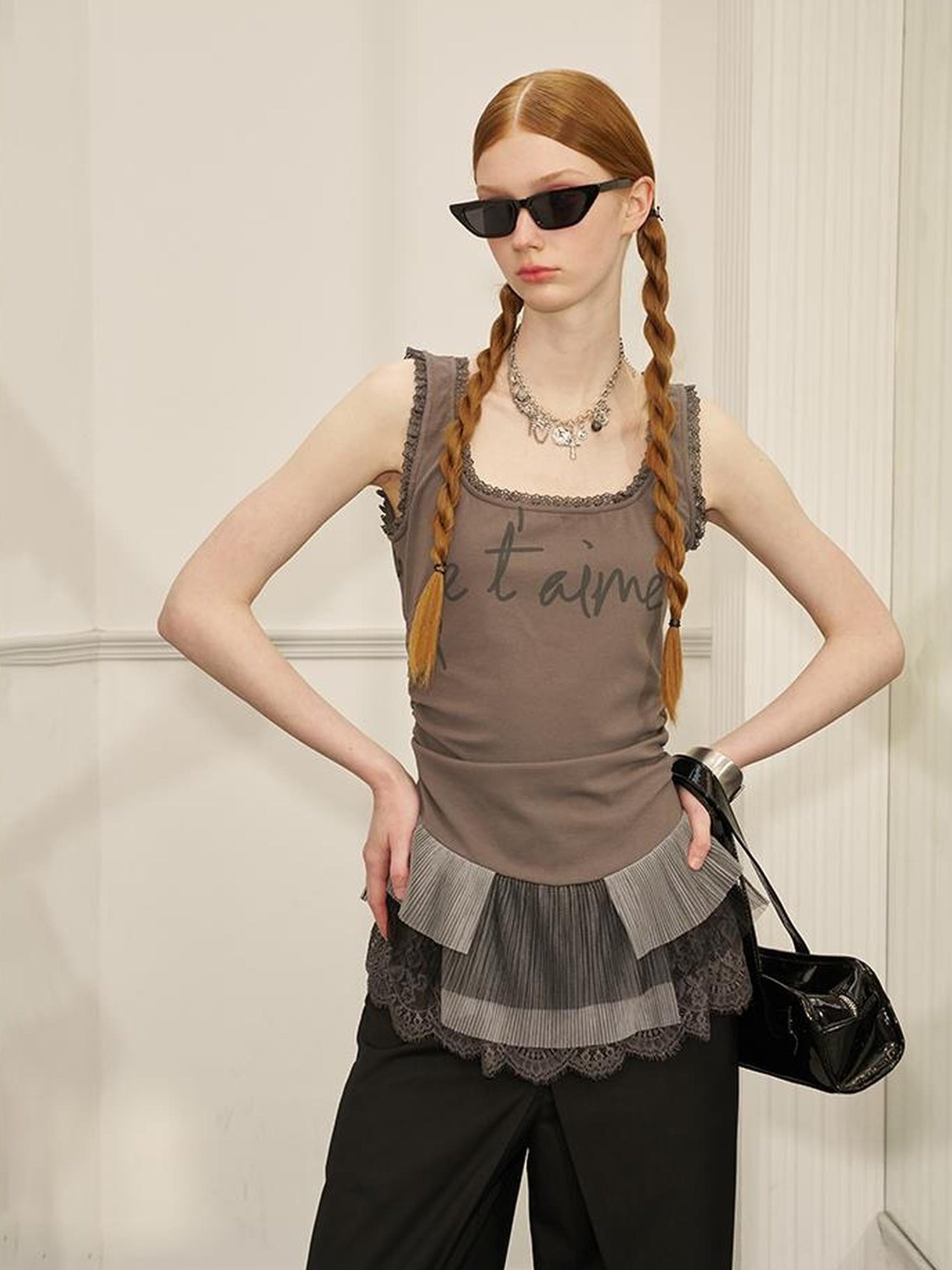 DIDDI MODA Sweet Edge Lace Trim Mesh Layered Crop Top