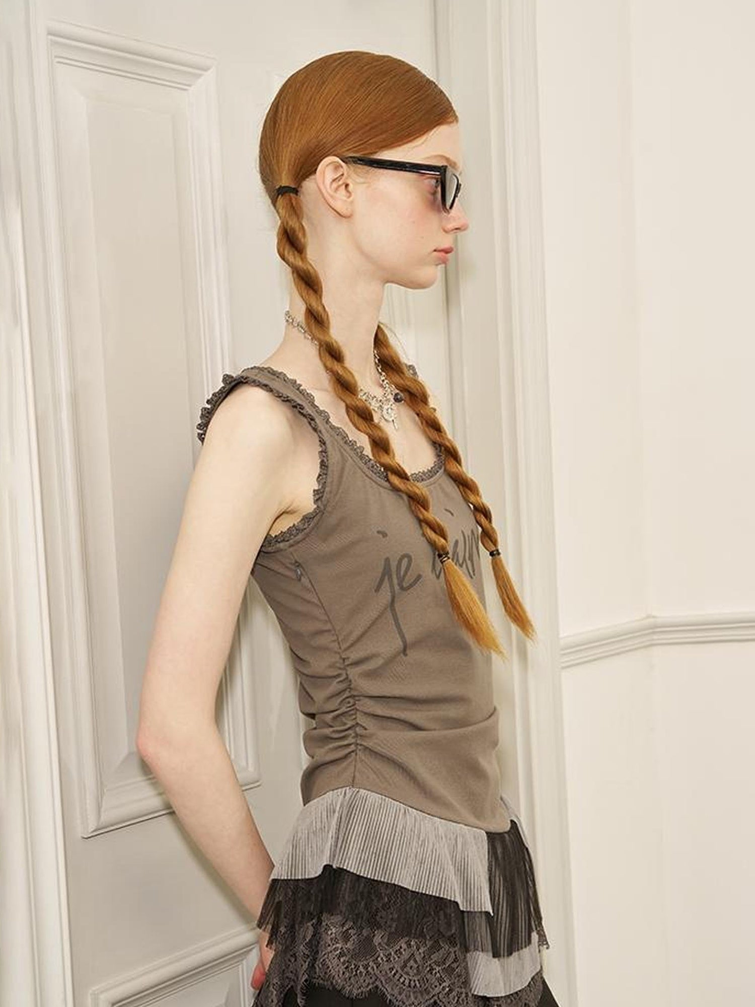 DIDDI MODA Sweet Edge Lace Trim Mesh Layered Crop Top