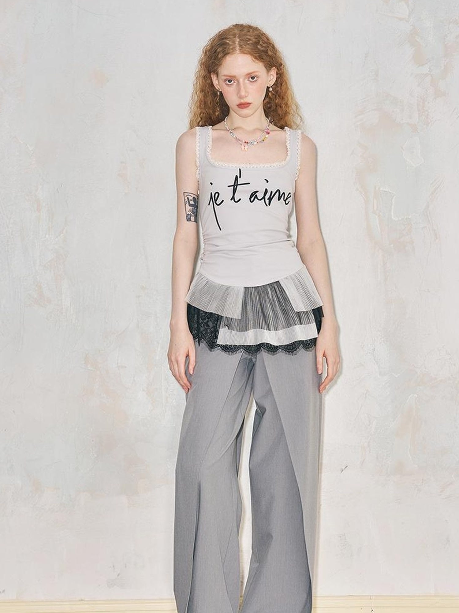 DIDDI MODA Sweet Edge Lace Trim Mesh Layered Crop Top