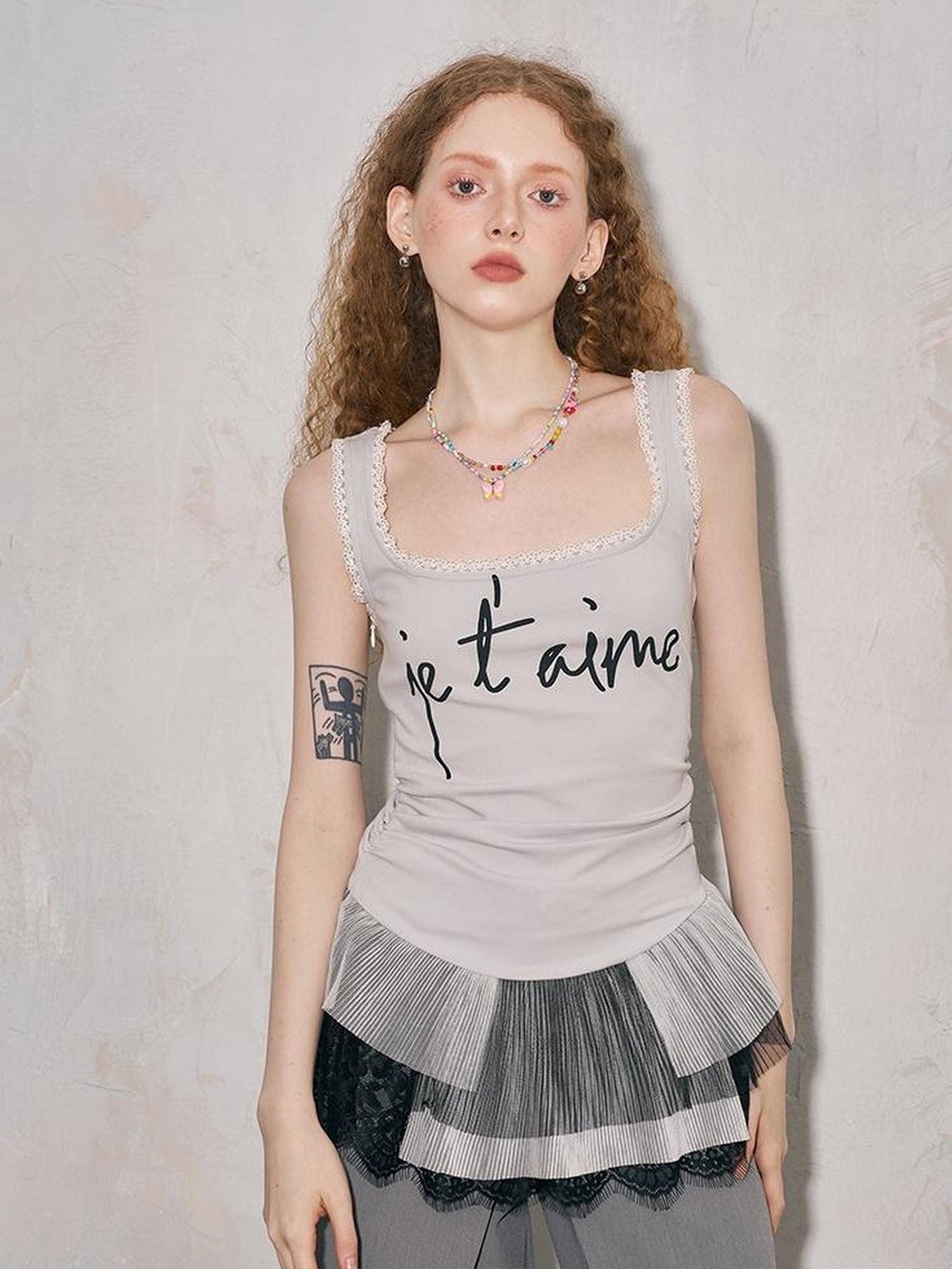 DIDDI MODA Sweet Edge Lace Trim Mesh Layered Crop Top