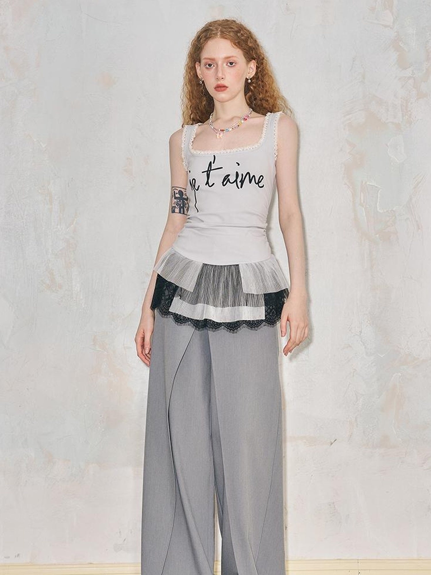 DIDDI MODA Sweet Edge Lace Trim Mesh Layered Crop Top