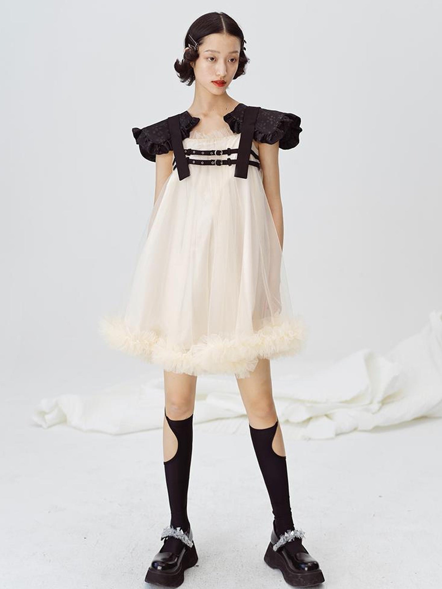 DIDDI MODA Sweet Edge Mesh Mini Dress With Padded Shoulders