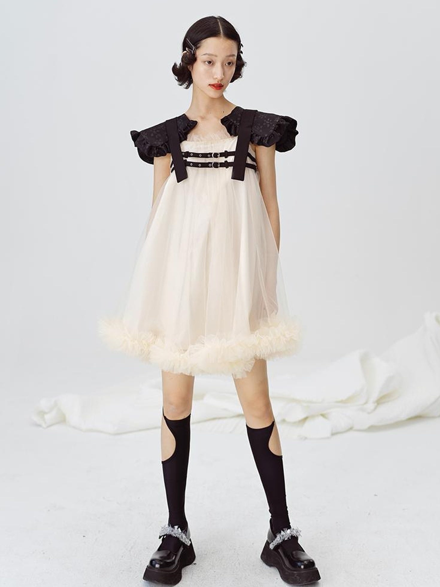 DIDDI MODA Sweet Edge Mesh Mini Dress With Padded Shoulders