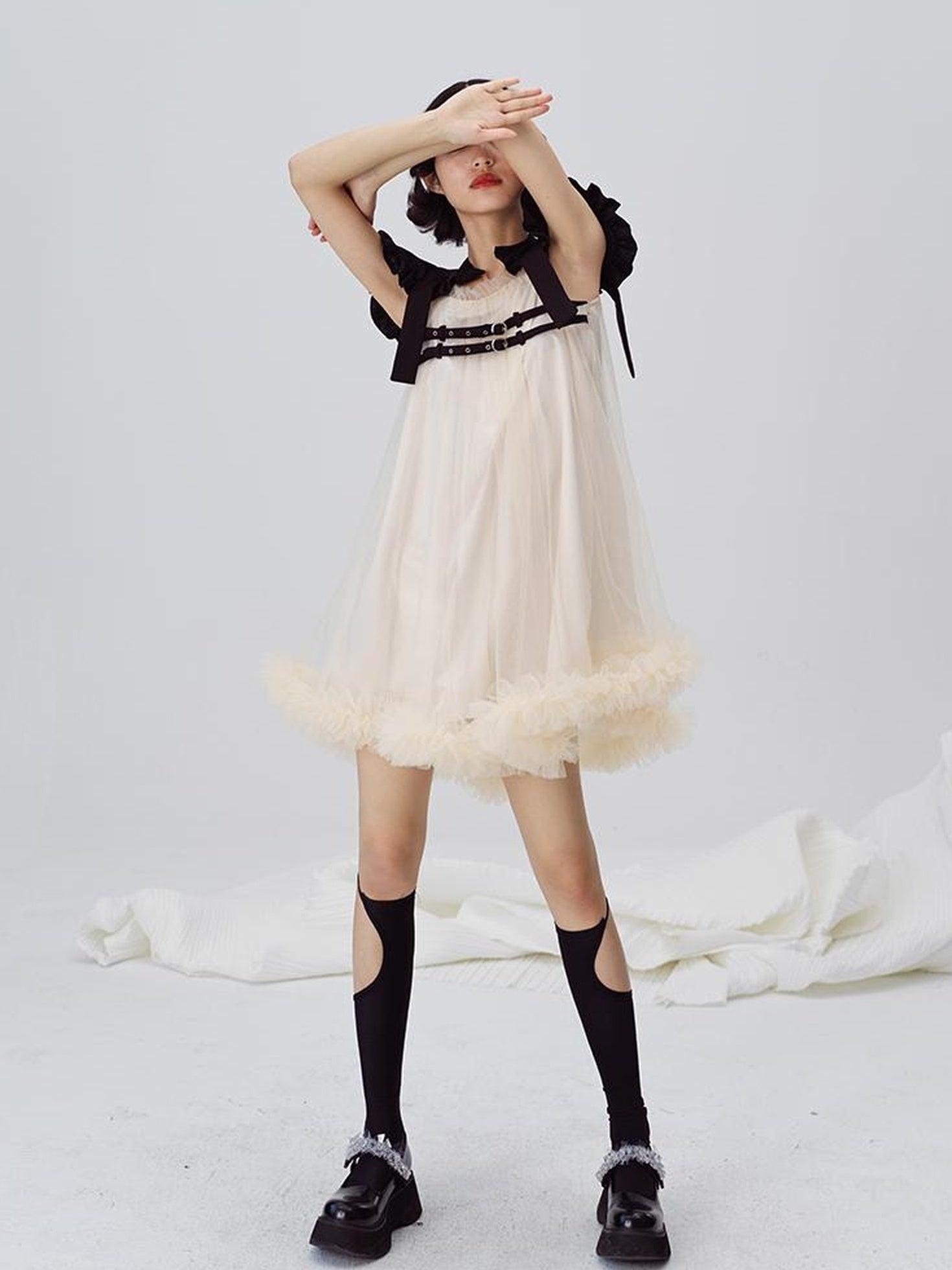 DIDDI MODA Sweet Edge Mesh Mini Dress With Padded Shoulders