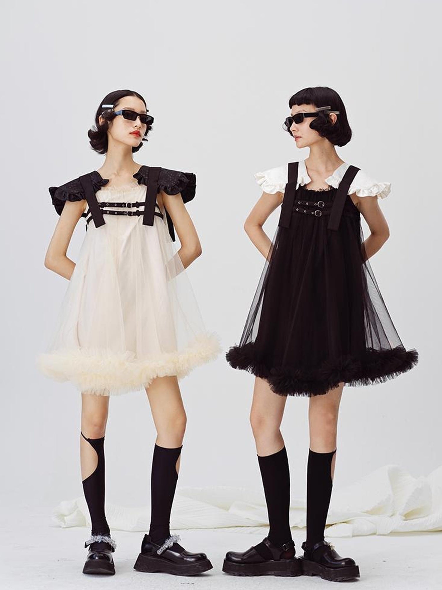 DIDDI MODA Sweet Edge Mesh Mini Dress With Padded Shoulders