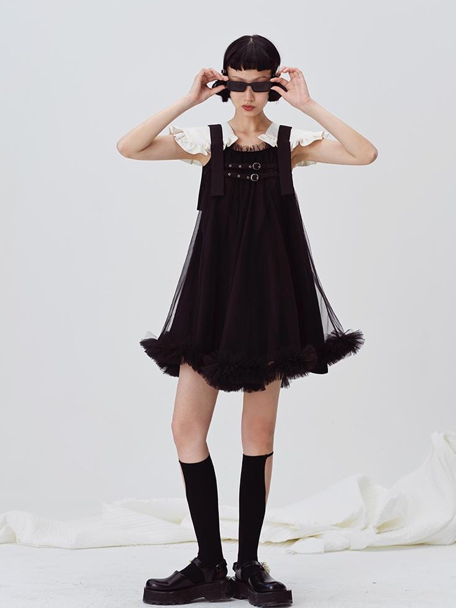 DIDDI MODA Sweet Edge Mesh Mini Dress With Padded Shoulders