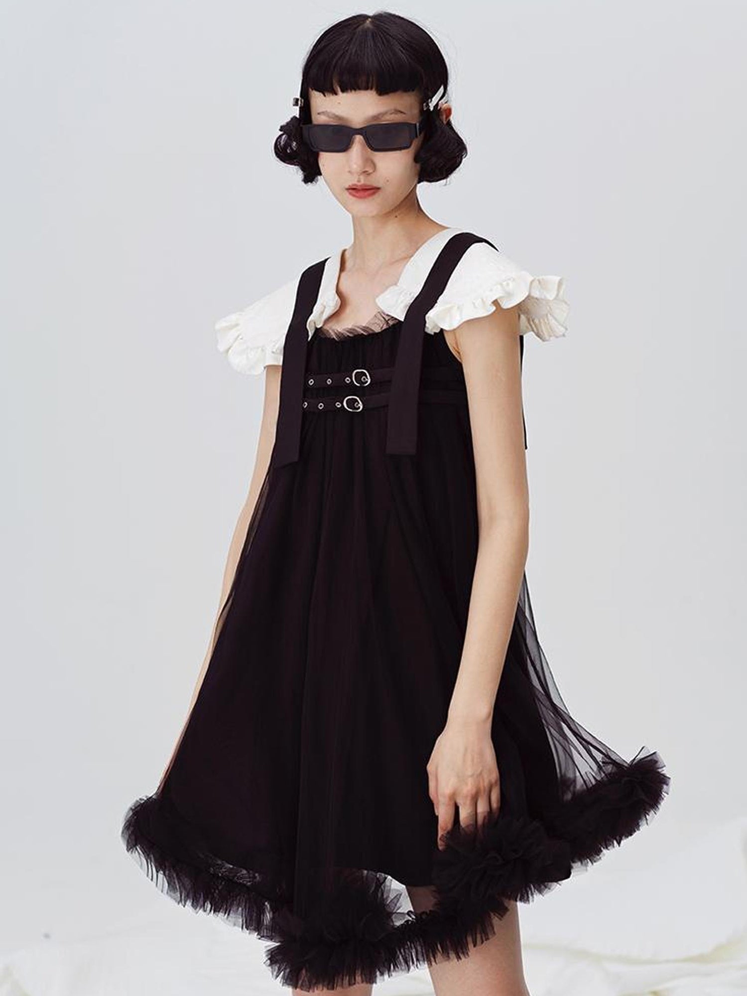 DIDDI MODA Sweet Edge Mesh Mini Dress With Padded Shoulders