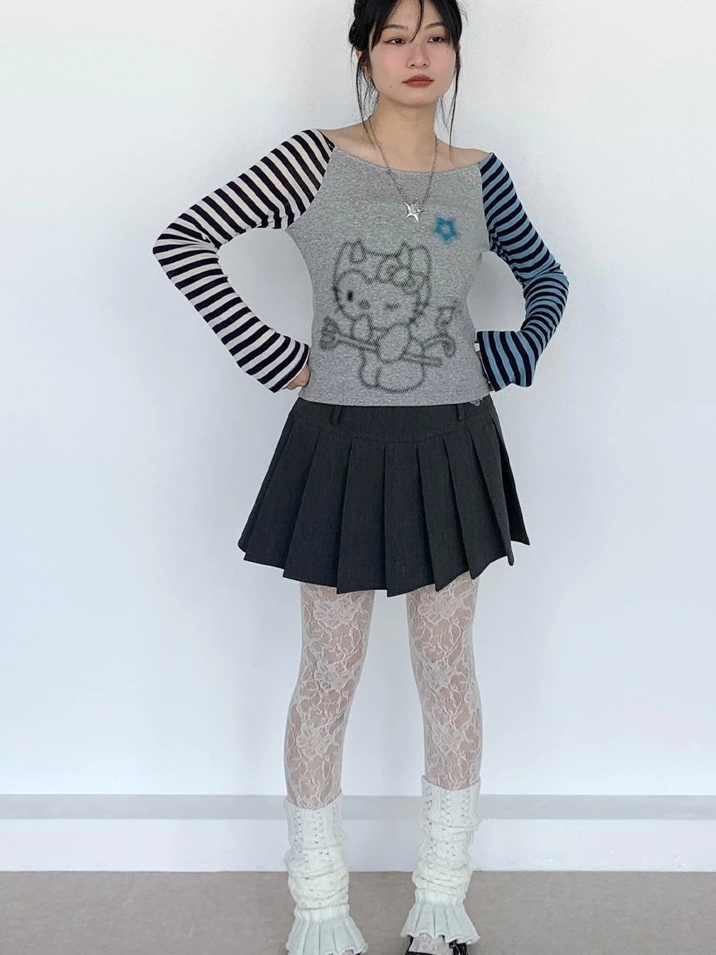 Sweet Kitty Sleeve Stripe Print Summer Top For Women