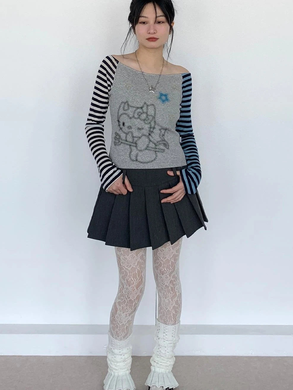 Sweet Kitty Sleeve Stripe Print Summer Top For Women