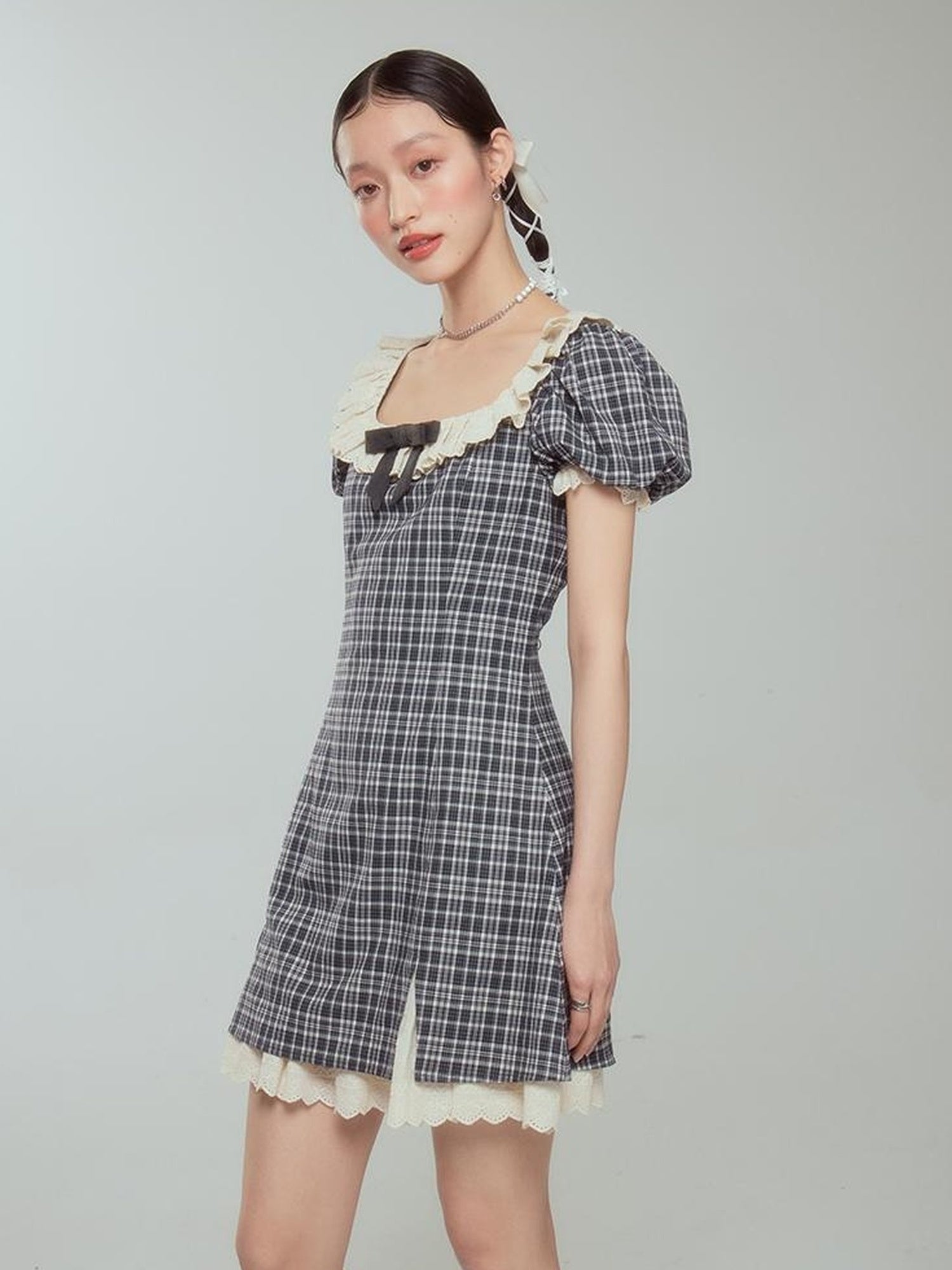 DIDDI MODA Sweet Lace Bow Tiered Mini Dress