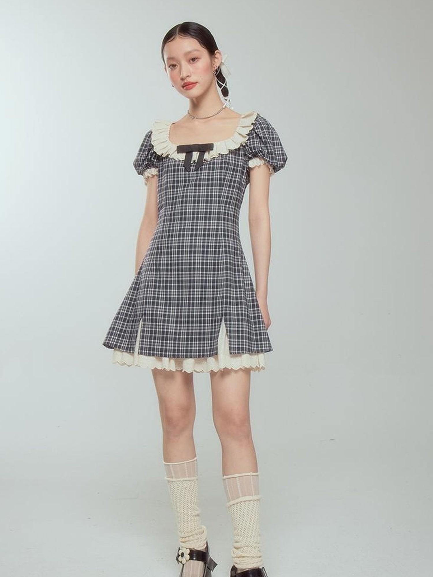 DIDDI MODA Sweet Lace Bow Tiered Mini Dress