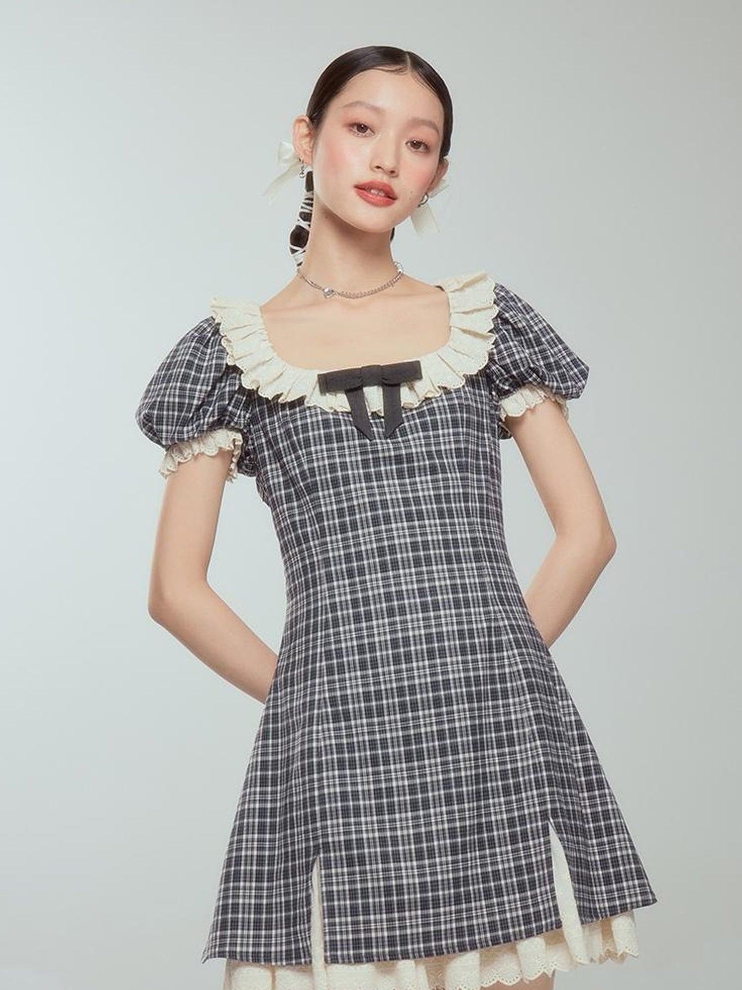 DIDDI MODA Sweet Lace Bow Tiered Mini Dress