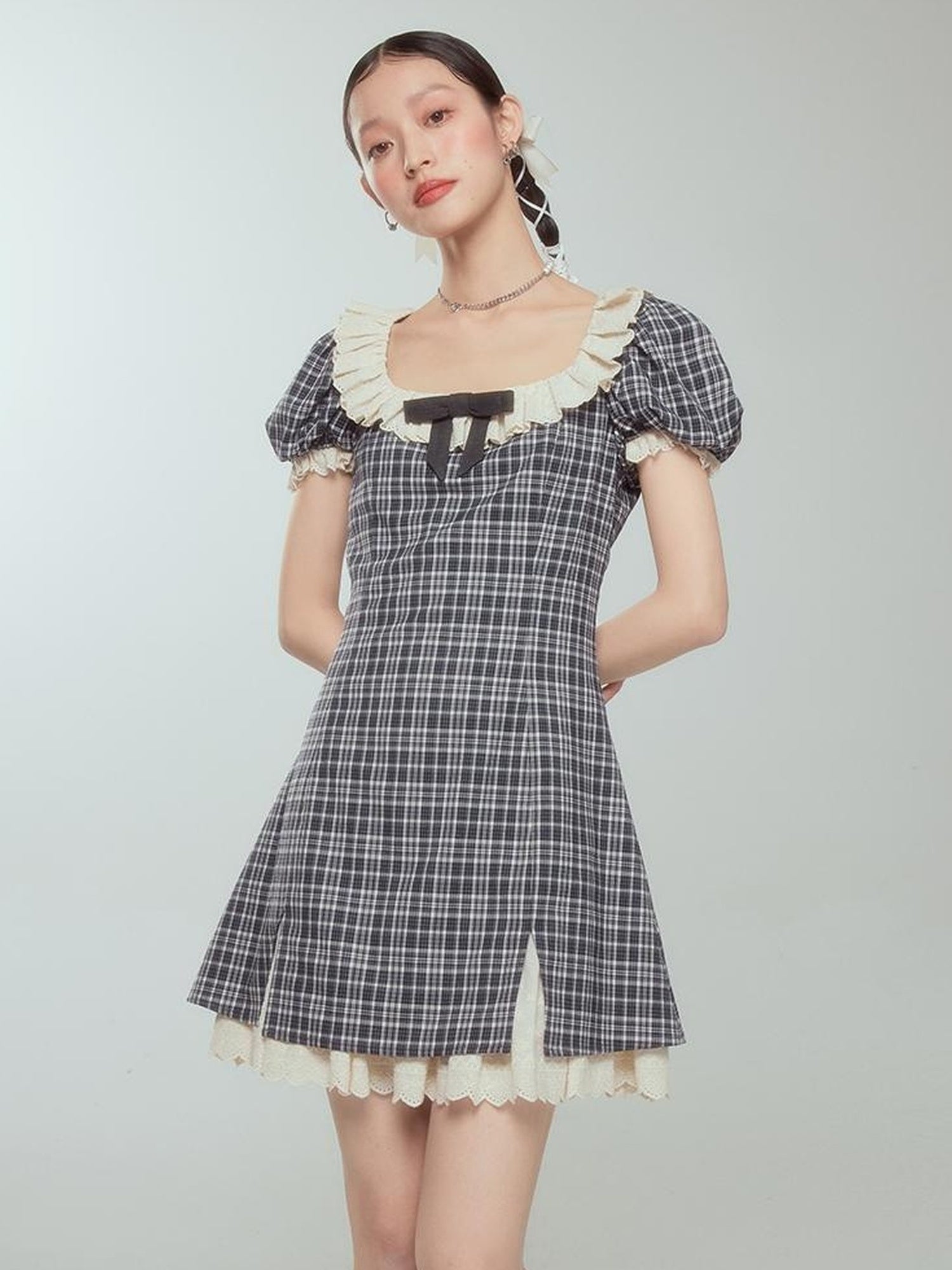 DIDDI MODA Sweet Lace Bow Tiered Mini Dress