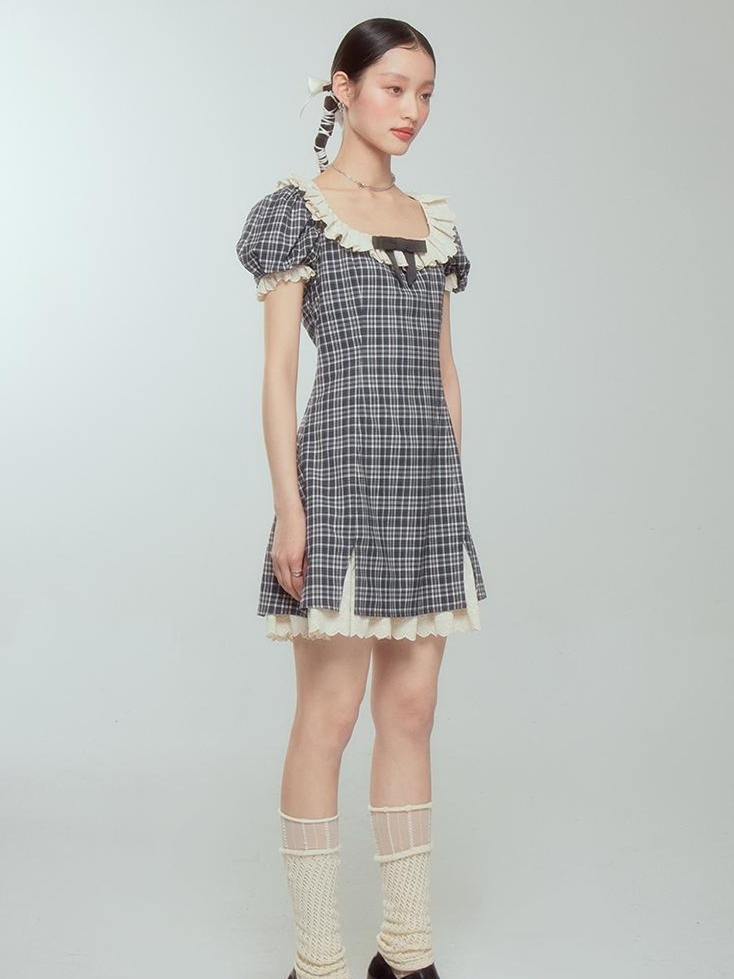 DIDDI MODA Sweet Lace Bow Tiered Mini Dress