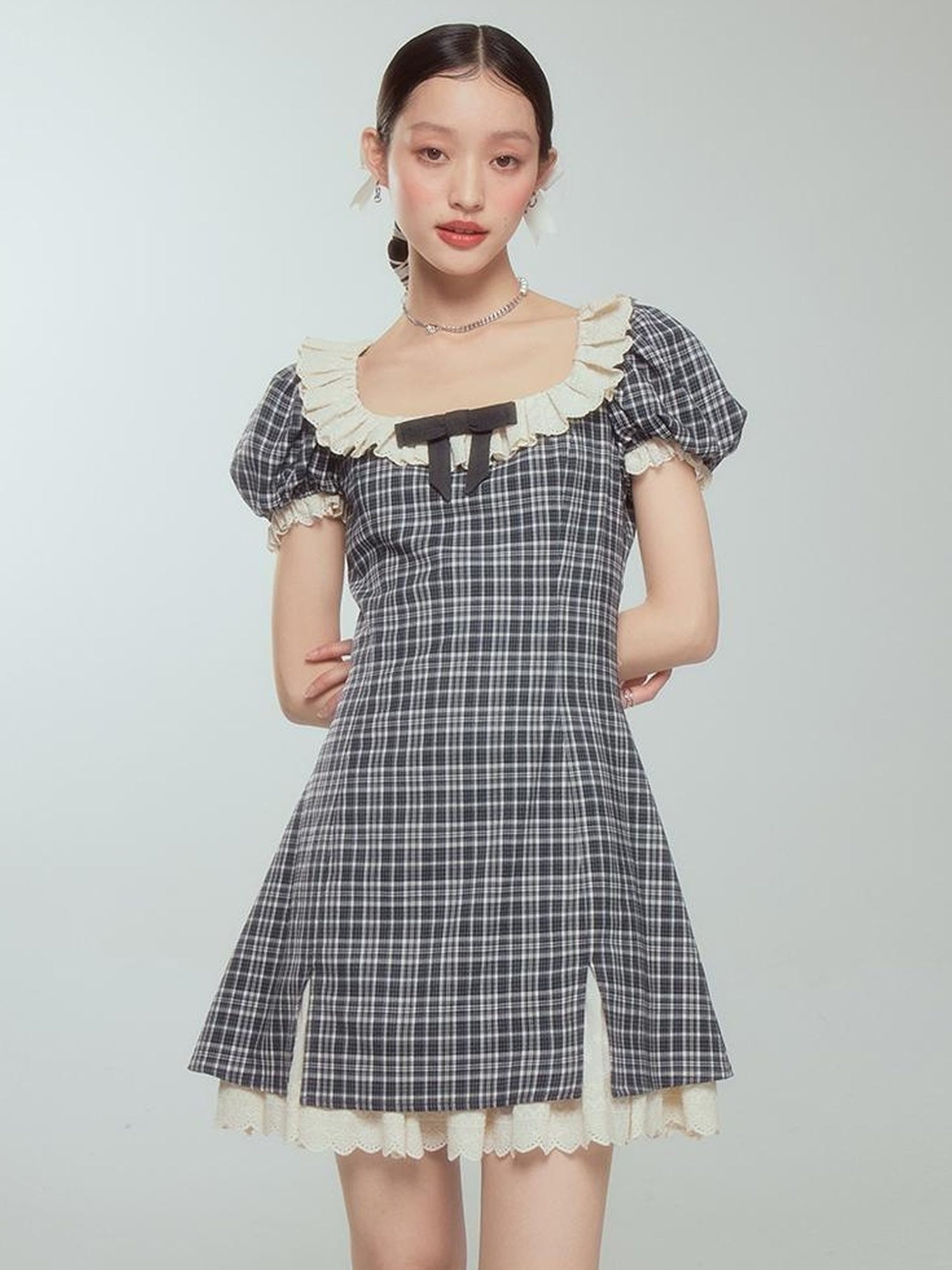 DIDDI MODA Sweet Lace Bow Tiered Mini Dress