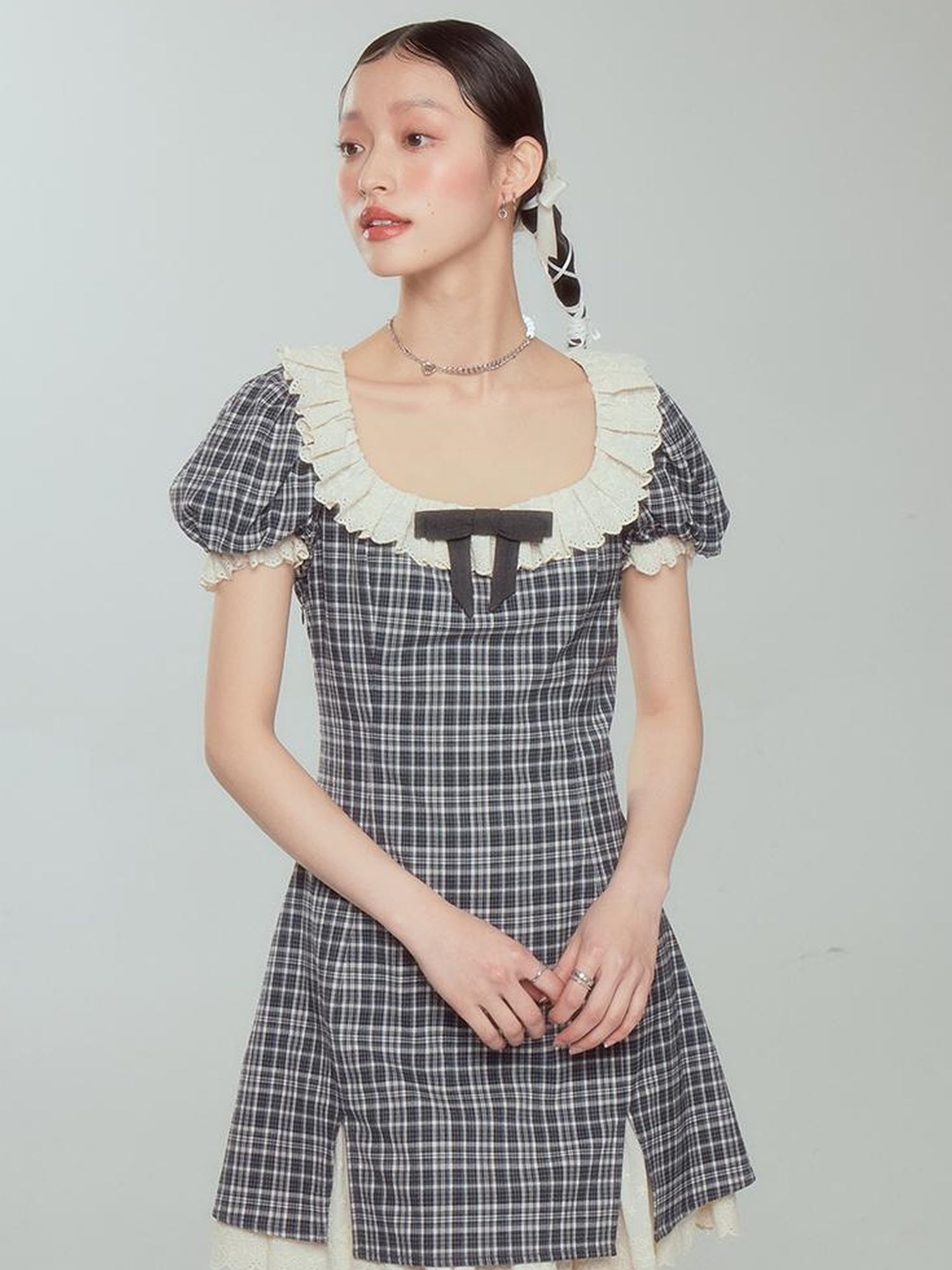 DIDDI MODA Sweet Lace Bow Tiered Mini Dress