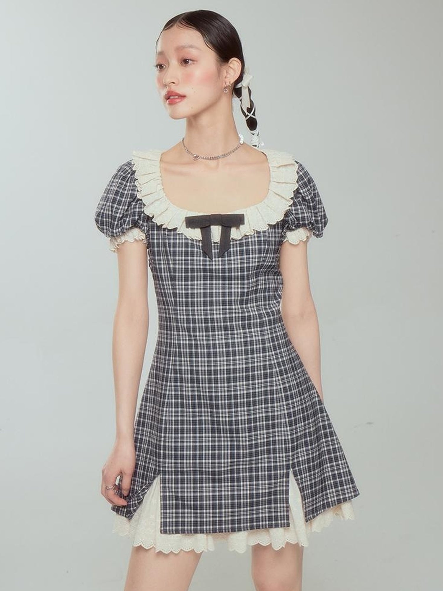 DIDDI MODA Sweet Lace Bow Tiered Mini Dress