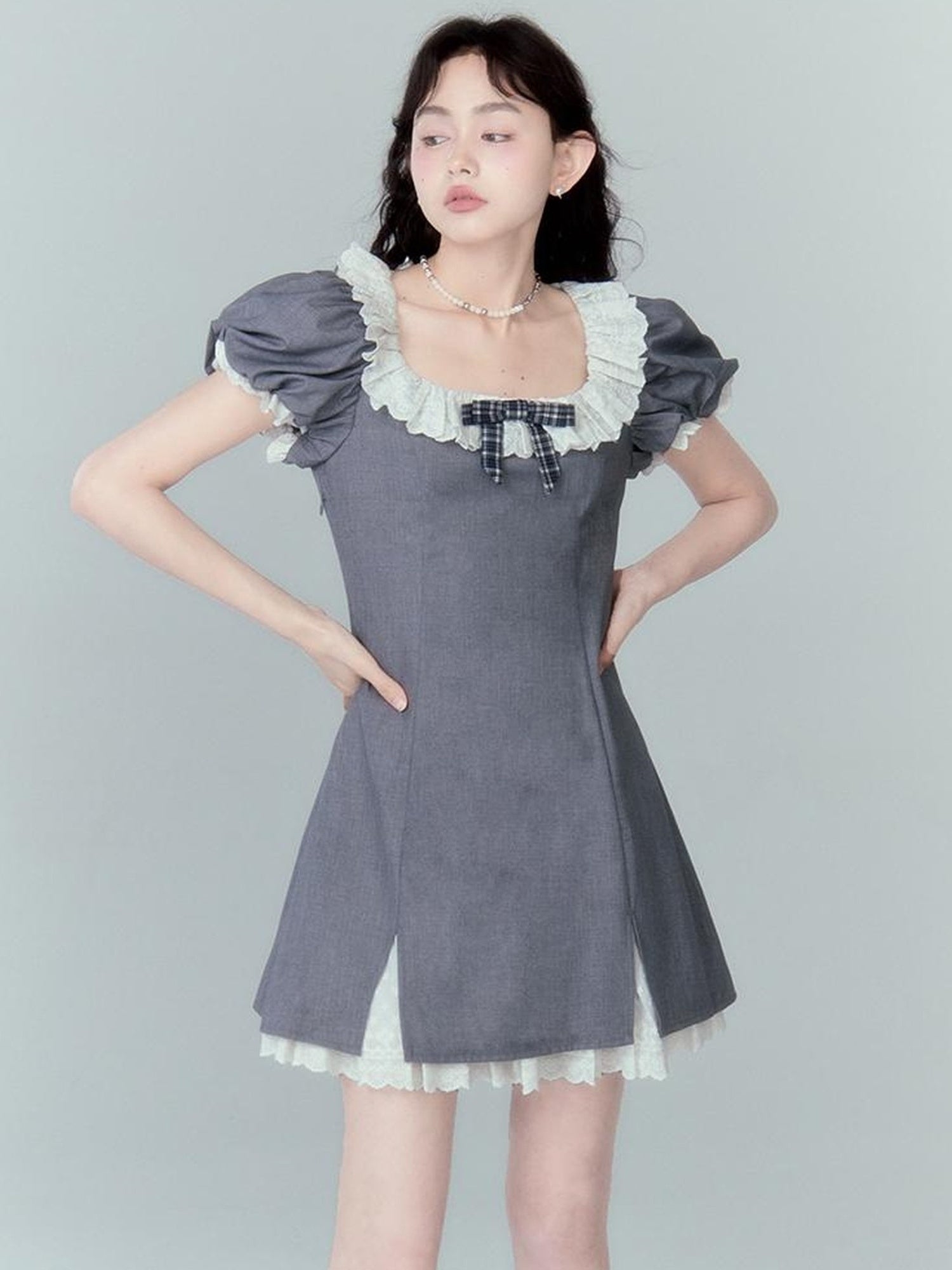 DIDDI MODA Sweet Lace Bow Tiered Mini Dress