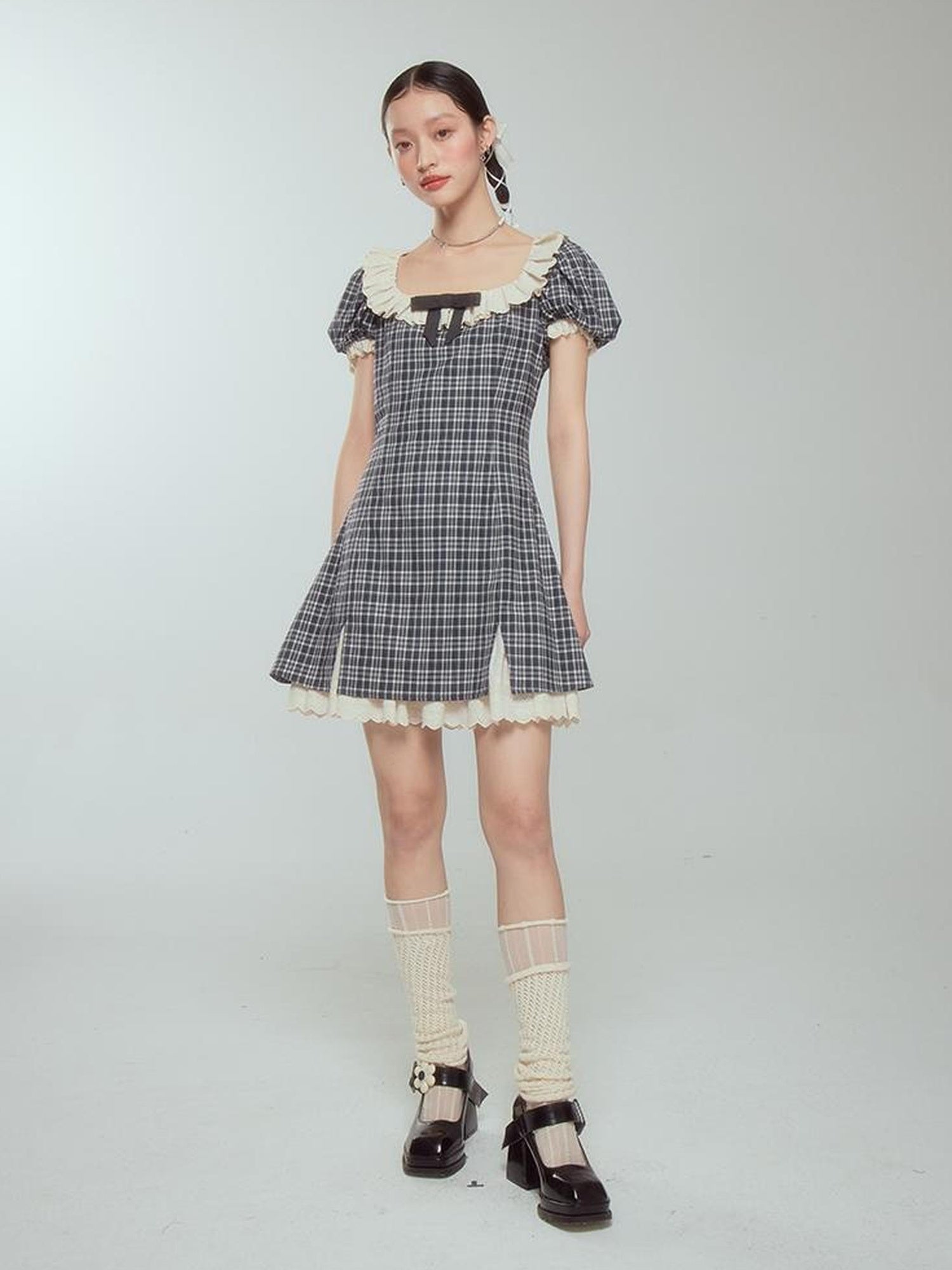 DIDDI MODA Sweet Lace Bow Tiered Mini Dress