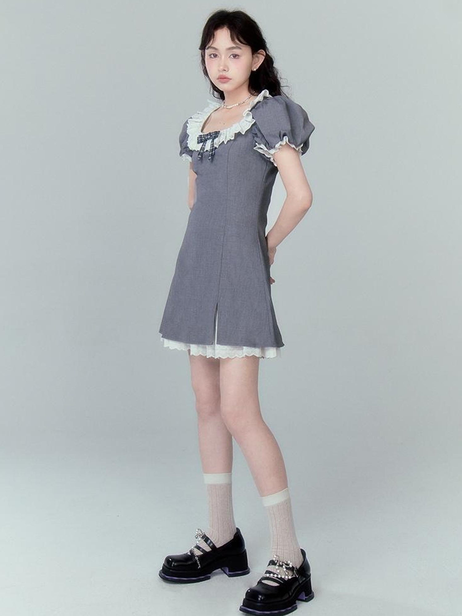 DIDDI MODA Sweet Lace Bow Tiered Mini Dress