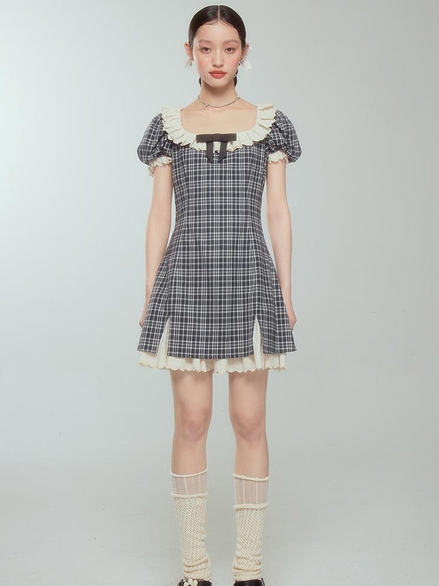 DIDDI MODA Sweet Lace Bow Tiered Mini Dress