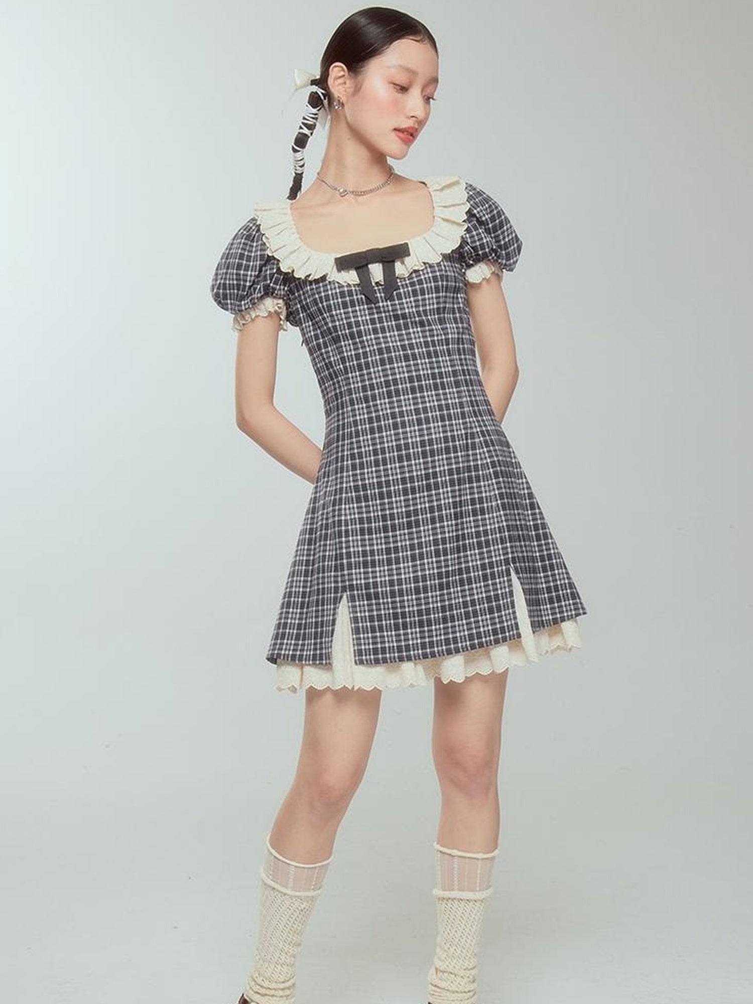 DIDDI MODA Sweet Lace Bow Tiered Mini Dress