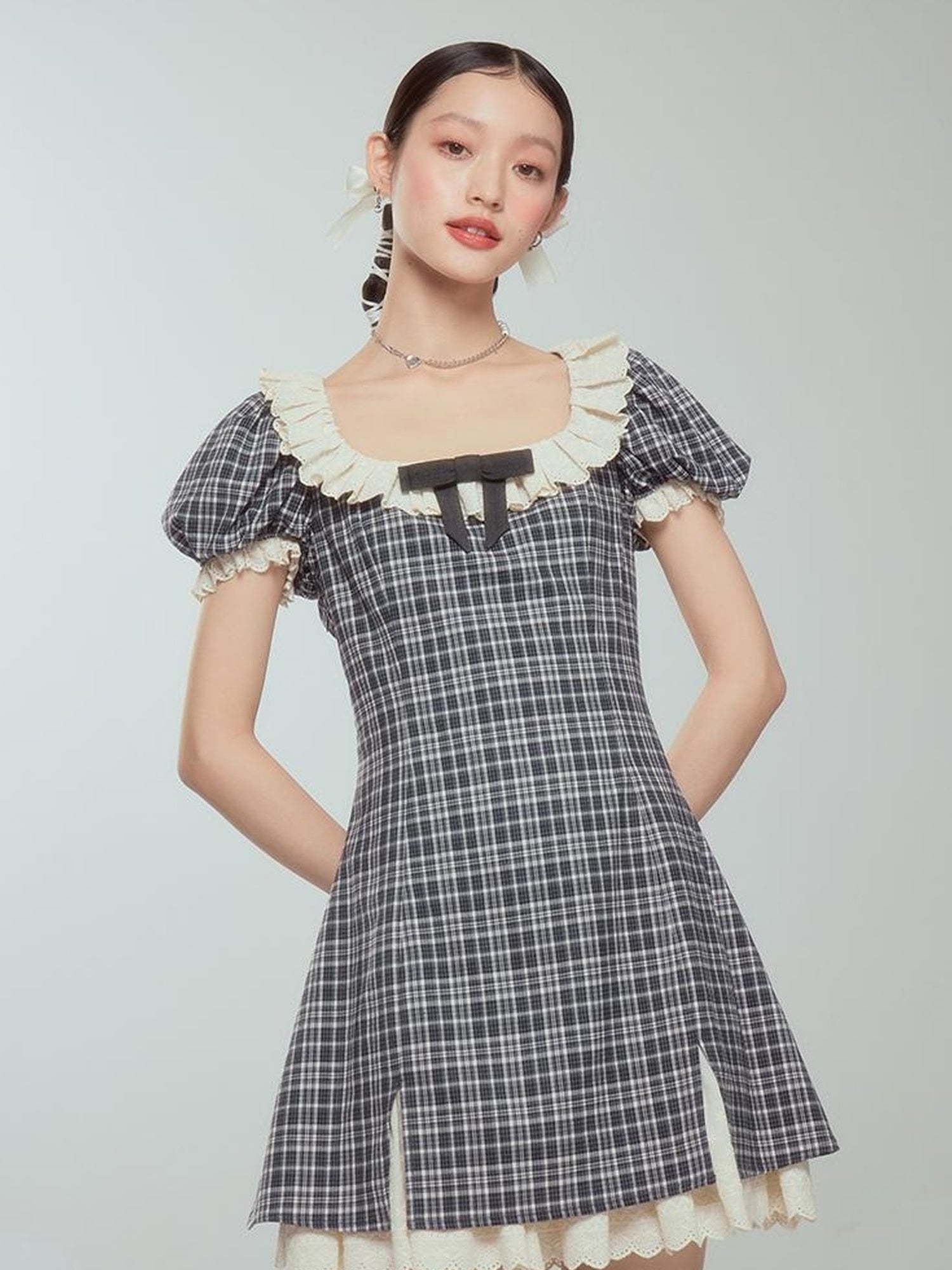 DIDDI MODA Sweet Lace Bow Tiered Mini Dress