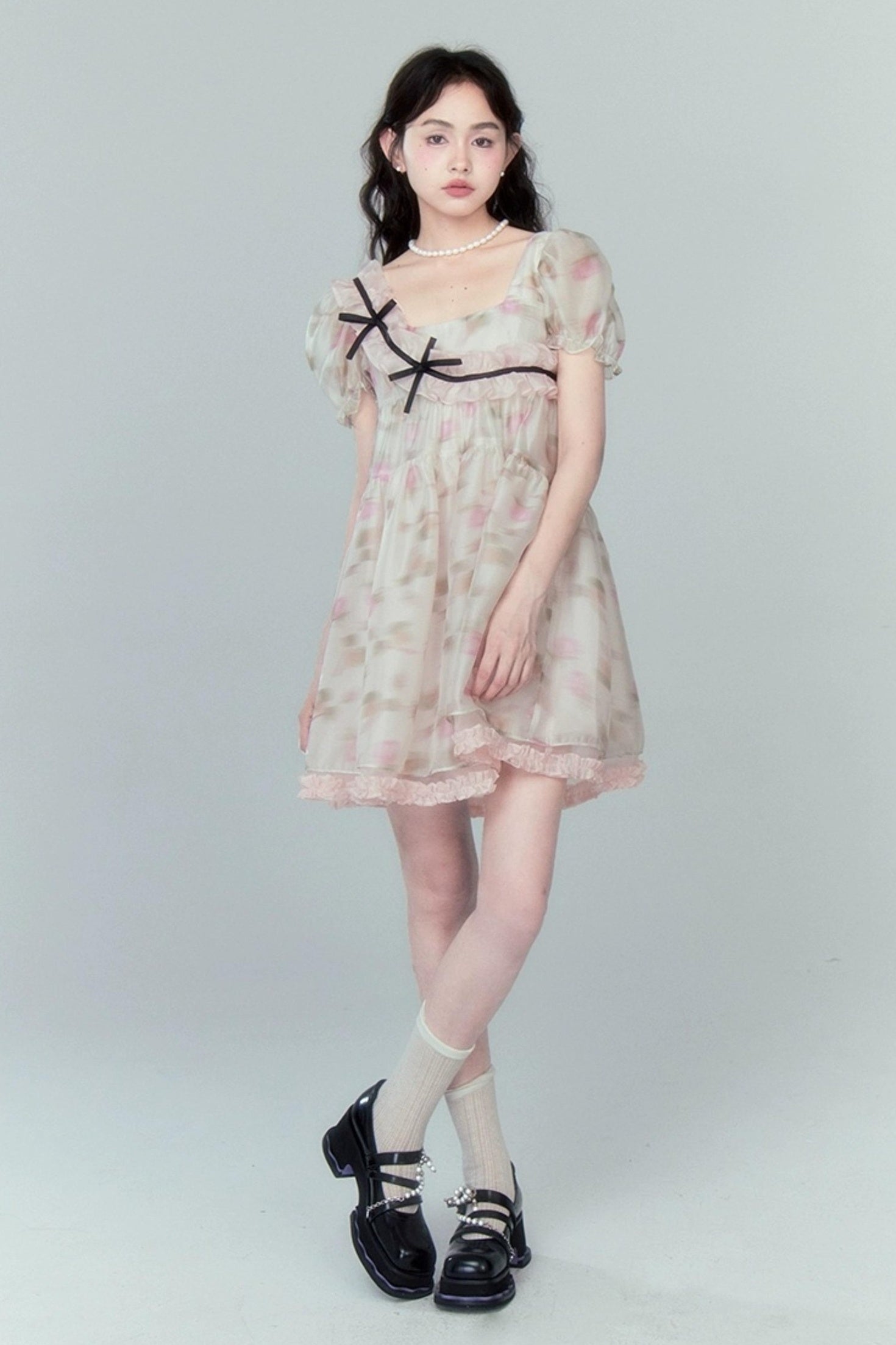 DIDDI MODA Sweet Puff Sleeve Floral Bow Princess Dress