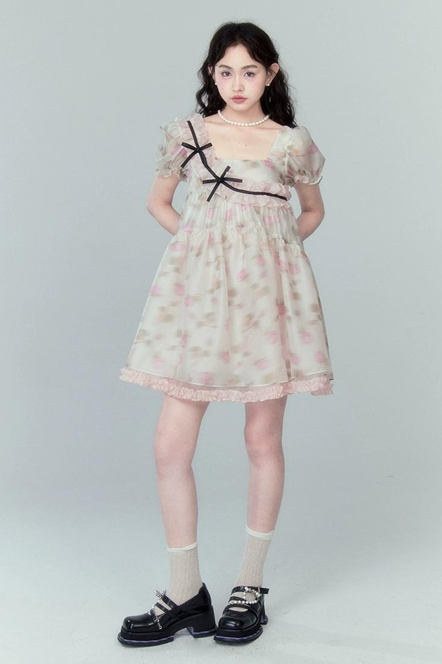 DIDDI MODA Sweet Puff Sleeve Floral Bow Princess Dress