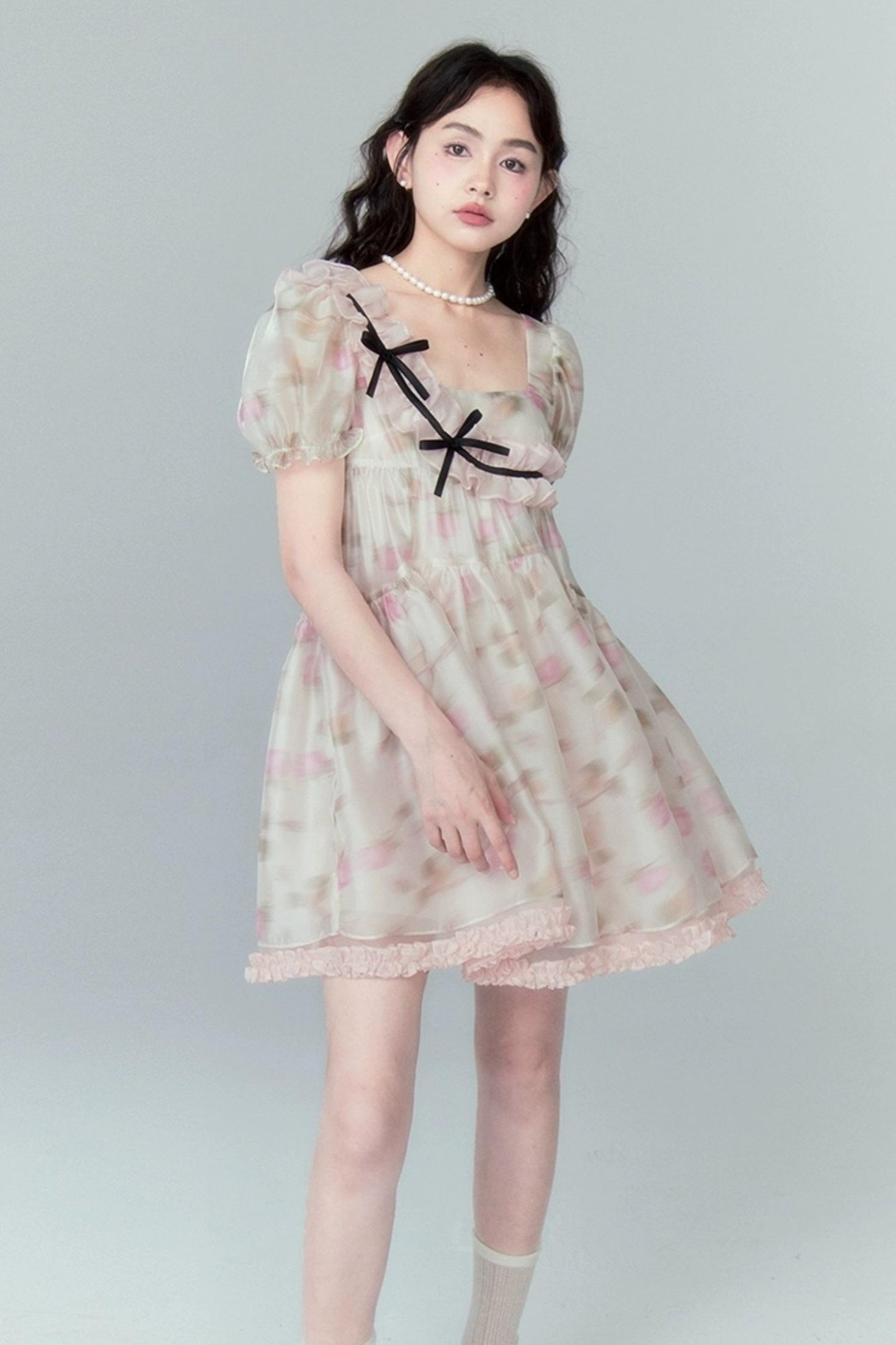DIDDI MODA Sweet Puff Sleeve Floral Bow Princess Dress