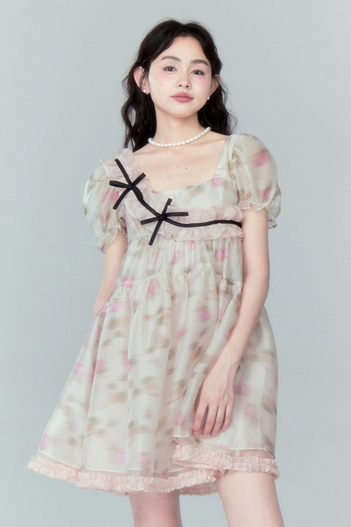 DIDDI MODA Sweet Puff Sleeve Floral Bow Princess Dress