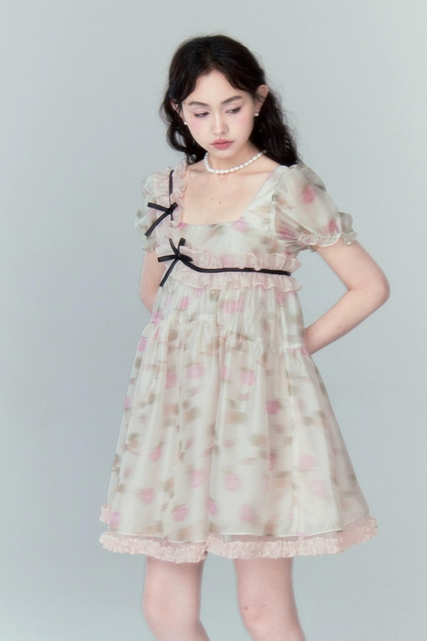 DIDDI MODA Sweet Puff Sleeve Floral Bow Princess Dress