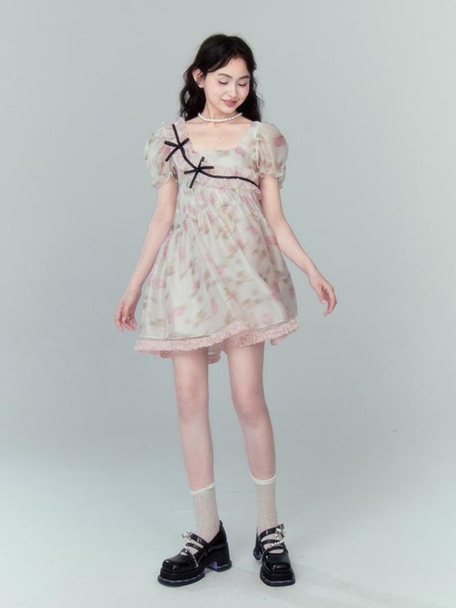 DIDDI MODA Sweet Puff Sleeve Floral Bow Princess Dress