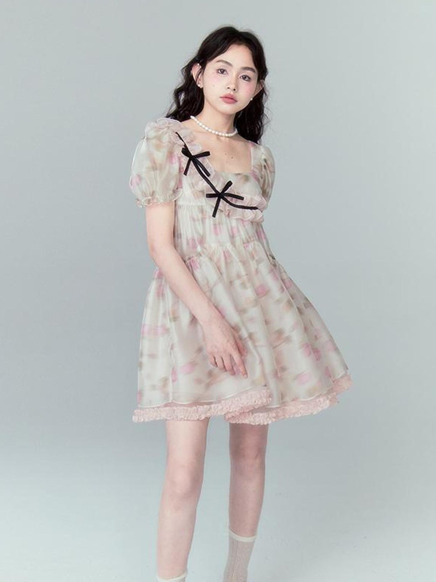 DIDDI MODA Sweet Puff Sleeve Floral Bow Princess Dress