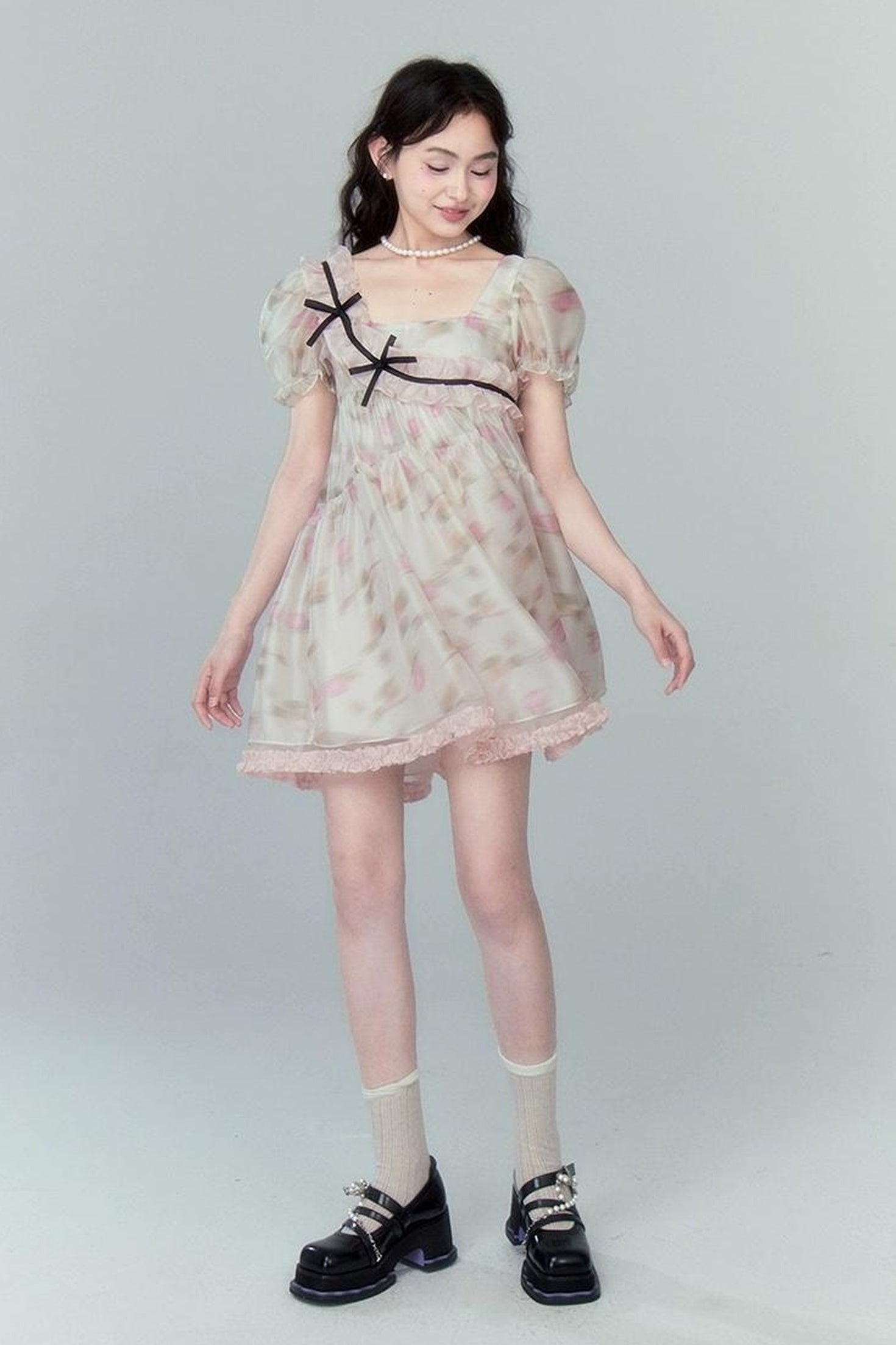 DIDDI MODA Sweet Puff Sleeve Floral Bow Princess Dress