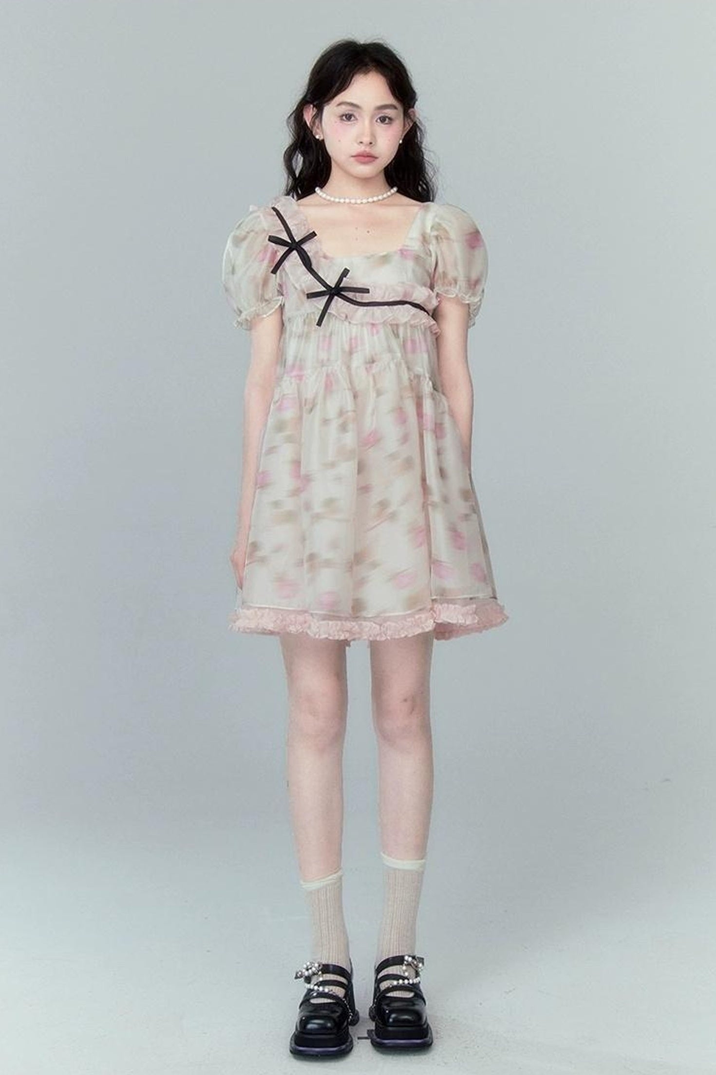 DIDDI MODA Sweet Puff Sleeve Floral Bow Princess Dress