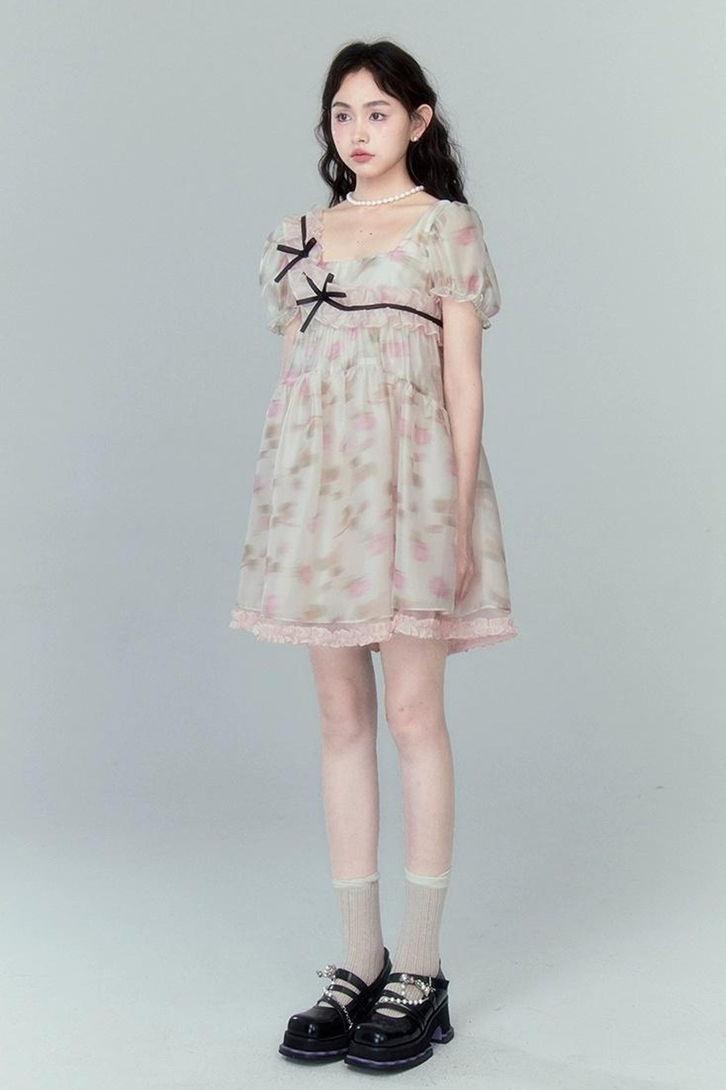 DIDDI MODA Sweet Puff Sleeve Floral Bow Princess Dress