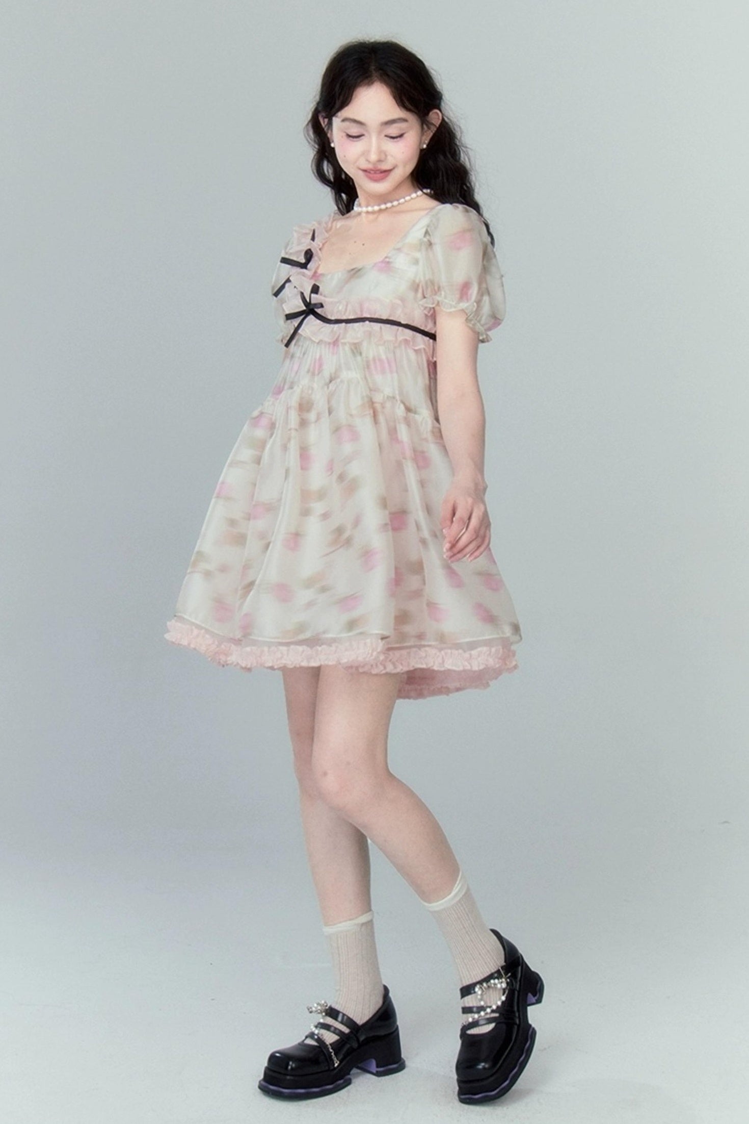 DIDDI MODA Sweet Puff Sleeve Floral Bow Princess Dress